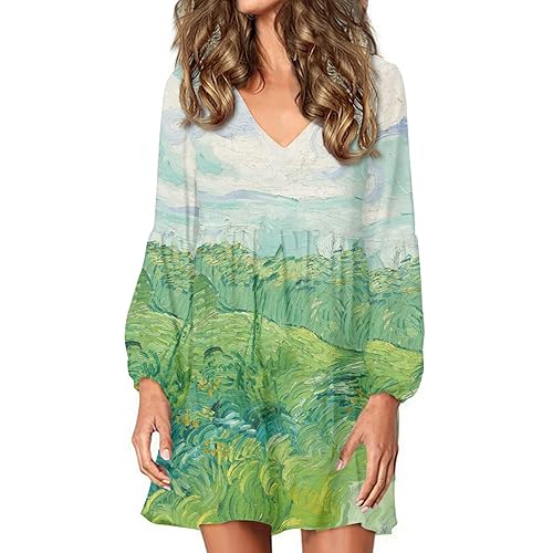 GLUDEAR Women Van Gogh 3D Print Tunic Dress V Neck Casual Loose Flowy Swing Shift Dresses - 3X-Large - Green Wheat Fields