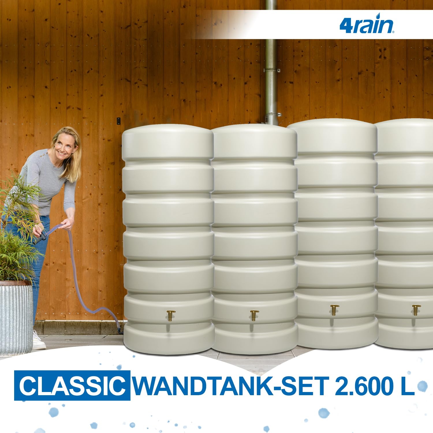 4rain Classic Regentonne-Set 2600 L sandbeige, 4 x Classic 650 Liter | inkl. Verbinder, Wassertank, Fass, Regenfass, Regenwassertonne, Regenwassertank, Wasserbehälter, Wassertonne, Wasserfass
