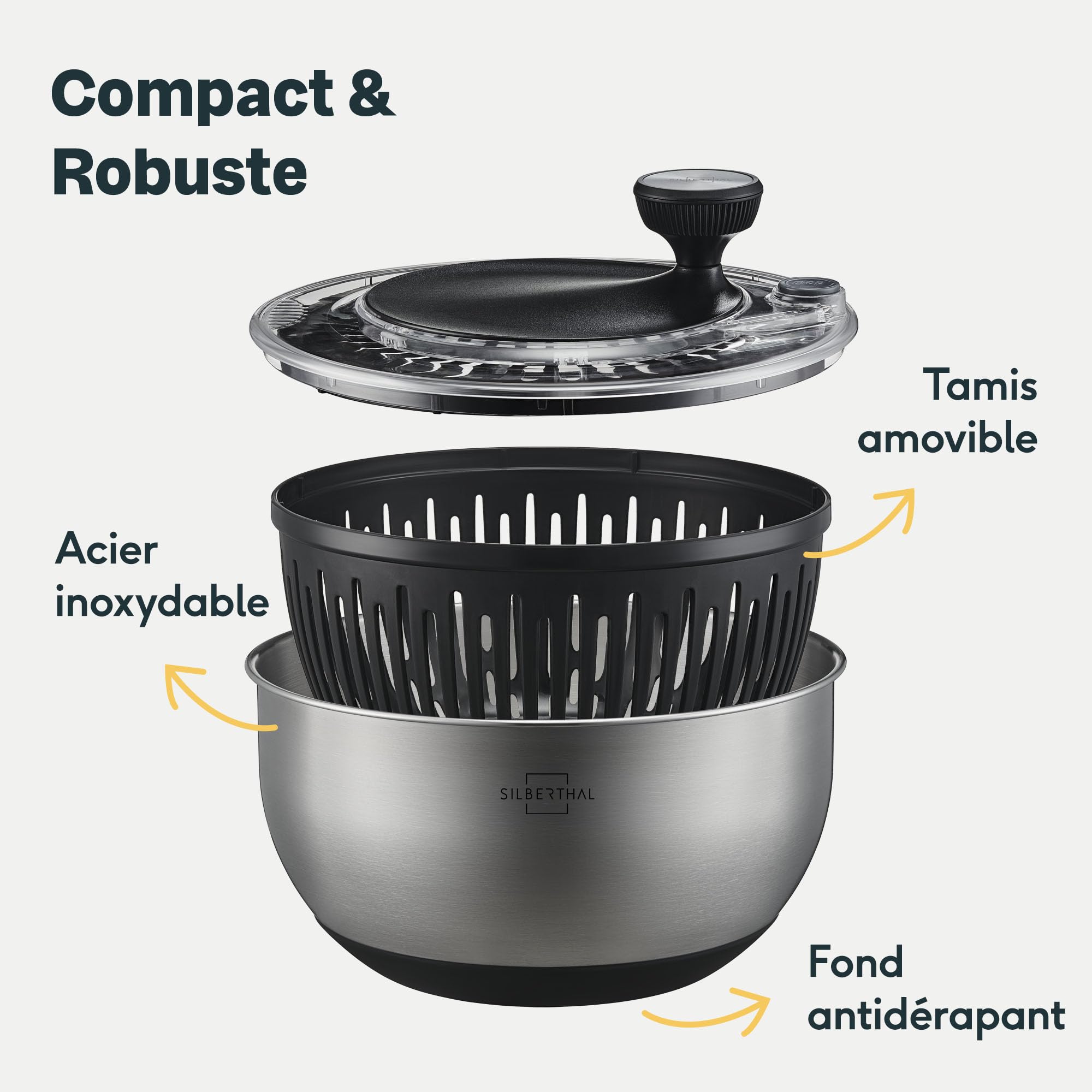 SILBERTHAL Essoreuse à Salade en Acier Inoxydable avec Couvercle de 4,5 l et Fond antidérapant – Spinner à Salade avec manivelle et Bouton d'arrêt – sans BPA et Passe au Lave-Vaisselle