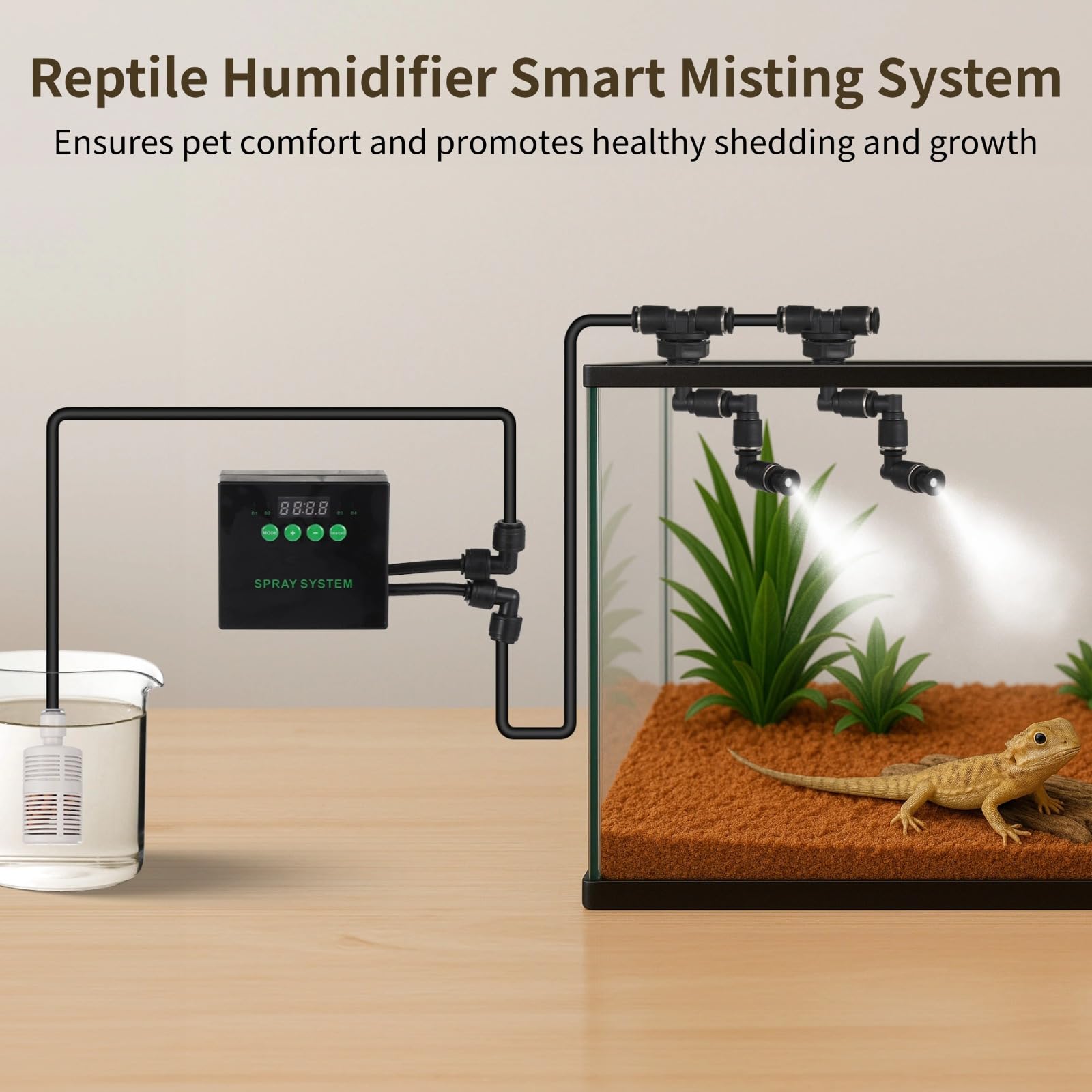 Humidificador programable para reptiles con boquillas dobles, tubo largo y panel de control, atomizador de nebulización interior para serpientes, lagartos, plantas tropicales