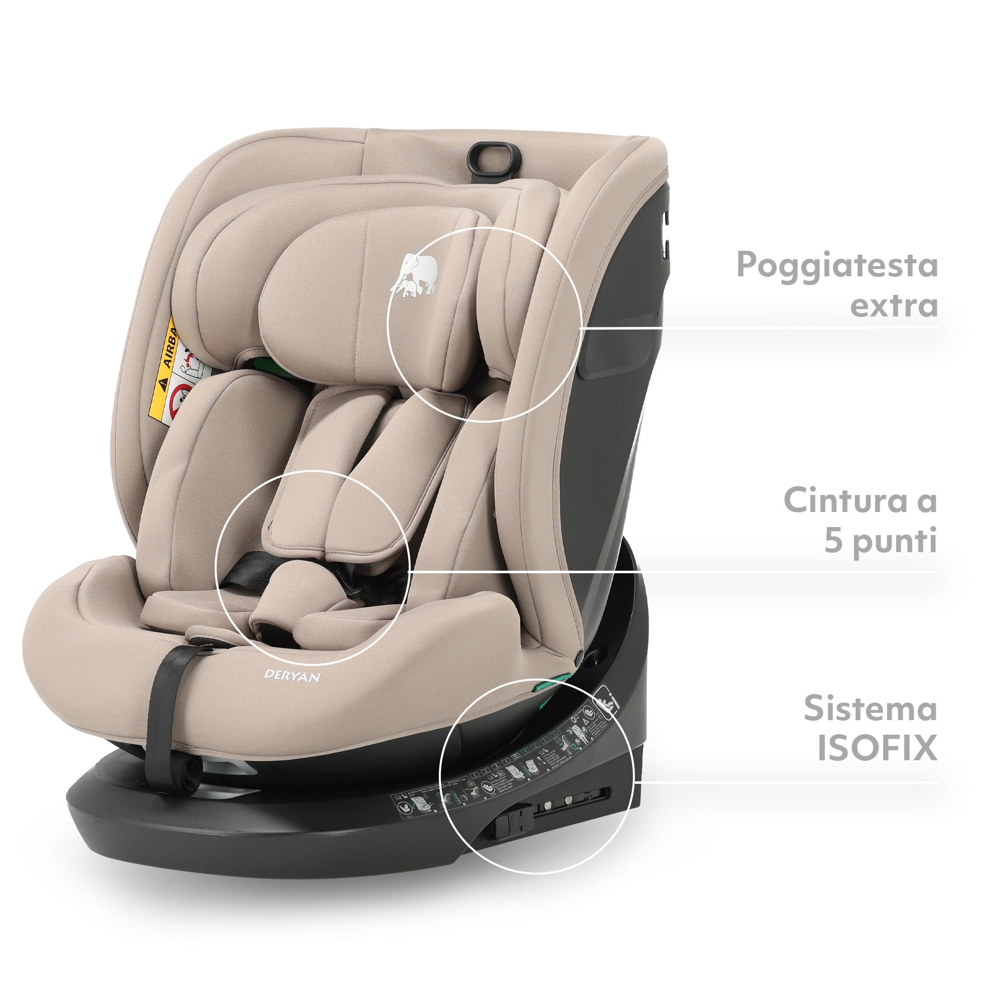 Deryan Cassie i-Size Rotazione 360, Seggiolino Auto 40-150 cm, 0-12 anni (0-36 kg), ISOFIX con Top Tether, Seggiolino Reclinabile 6 Posizioni, 10 Posizioni Poggiatesta, Tessuti Traspiranti (Torrone)