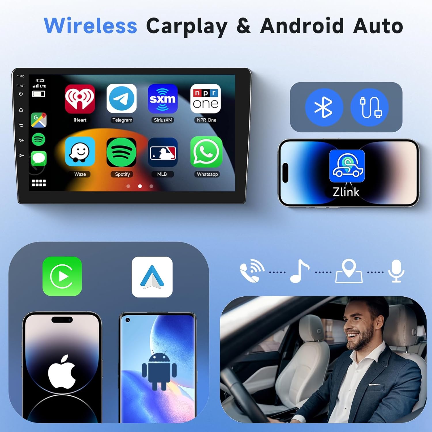 Comparison of car dashboard before and after Podofo Autoradio installation, showing Wireless Carplay and Android Auto features.