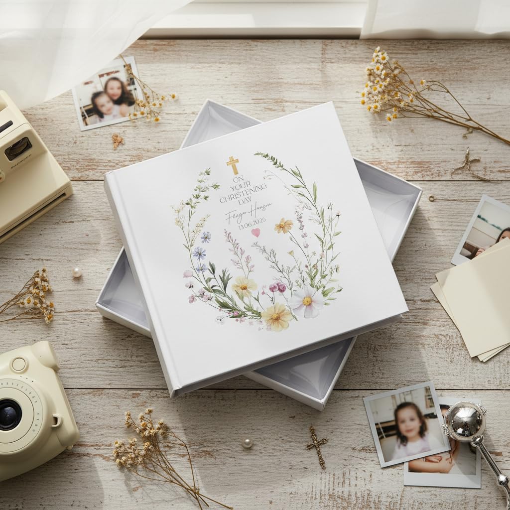 Personalised Christening Baptism Communion Photo Album, Floral Design, Holds 50 Photos, with Writing Space, Gift Box Included — view 4