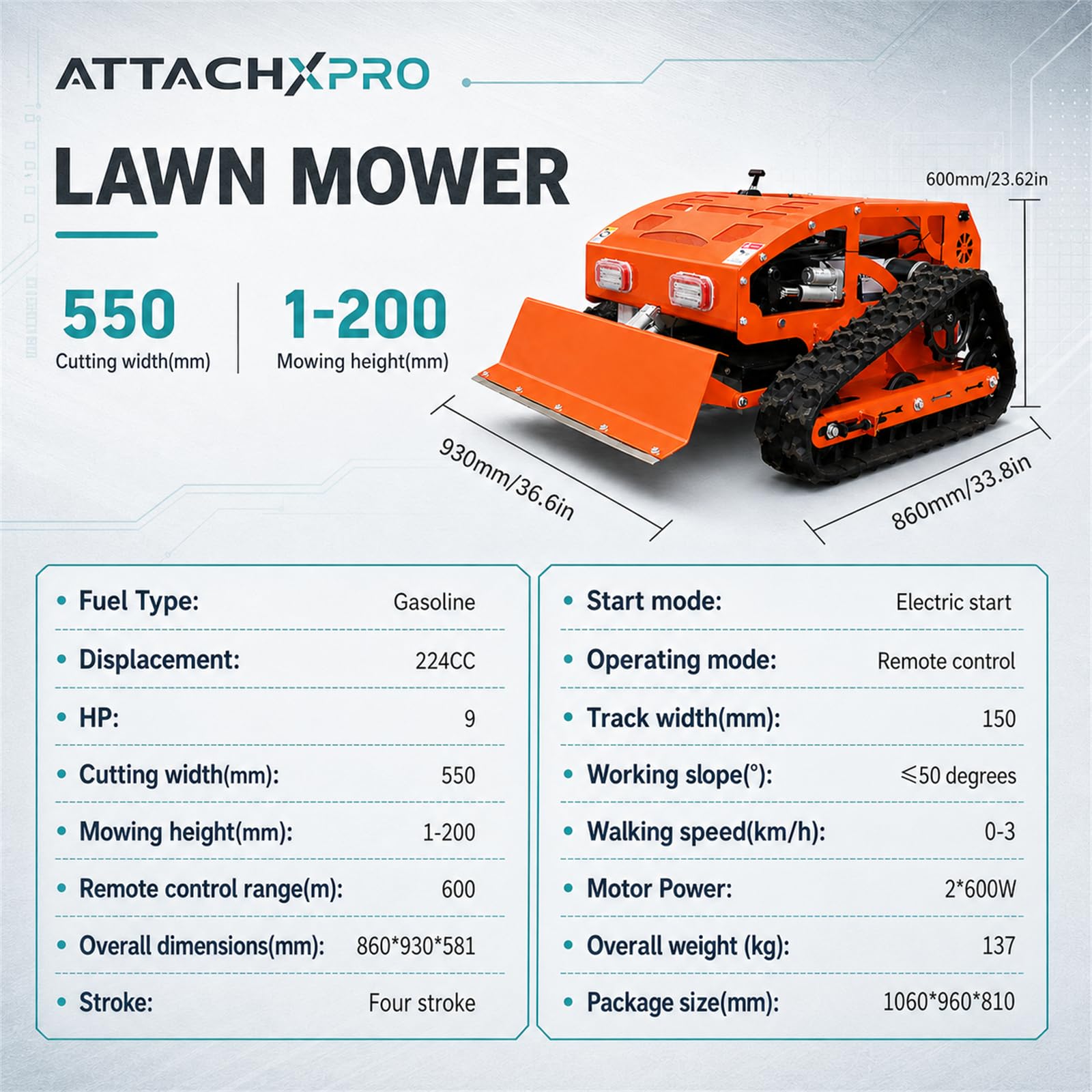 Cortacésped con control remoto de 21.6 pulgadas con potencia híbrida de gas y electricidad de 9 HP, alcance de 600 m, altura de corte ajustable para patio