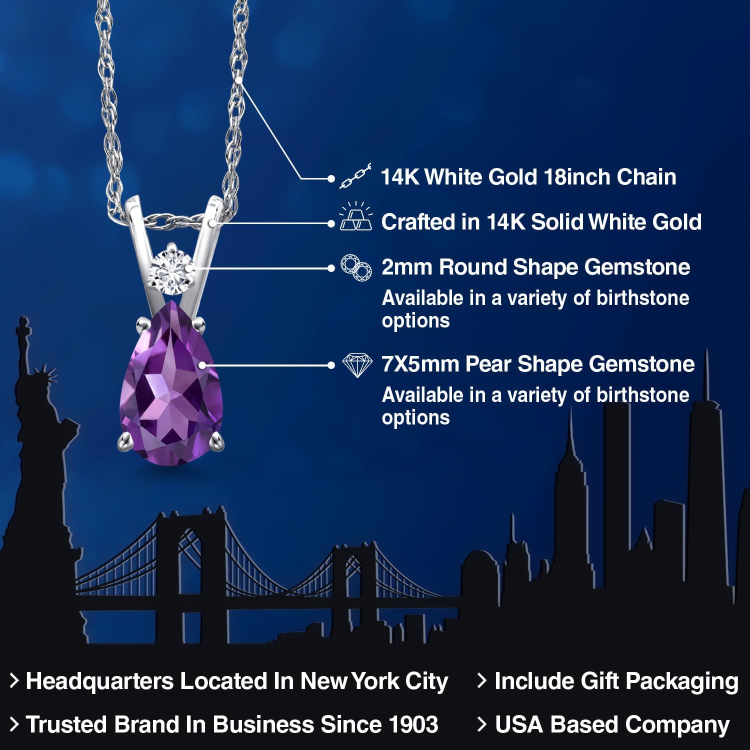 Gem Stone King 14K White Gold Teardrop Pendant Necklace for Women | 7X5MM Pear Gemstone Birthstone and Diamond Accent | 18 Inch Chain | Jewelry Gift for Her Mom Wife - Image 2