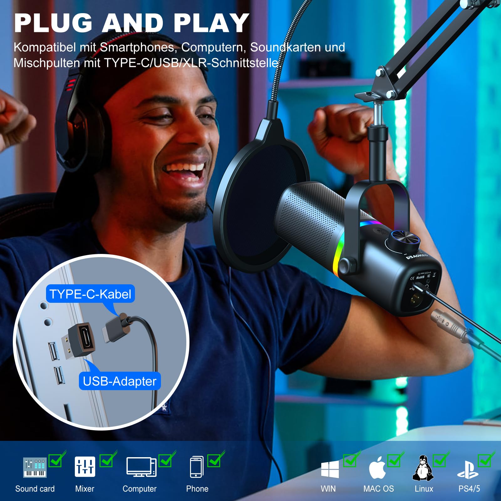 aokeo Mikrofon PC mit Mikrofonarm,AK-10 USB/XLR Dynamisches Gaming Mikrofon für Podcast,Streaming mit RGB-Beleuchtung,Lautstärkeregler,Stummschalttaste und Rauschunterdrückung (Weiß)