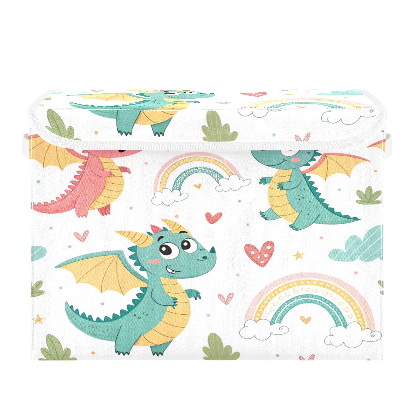 Ewusp Cute Dragon Fabric Storage Bin with Lid, Decorative Foldable Storage Basket with Handles, Stackable Closet Shelf Organiser Box for Clothes, Books, Bedroom, Living Room