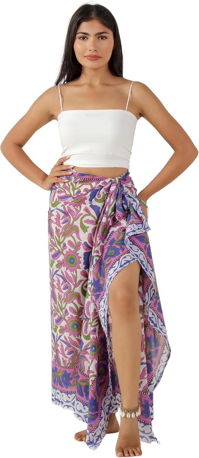 100% Cotton Sarong Coverup for Women Indian Hand Block Print Swimsuit Pareo Wrap Skirt Beach Bikini Cover Up Long (73" x 43") - Image 2