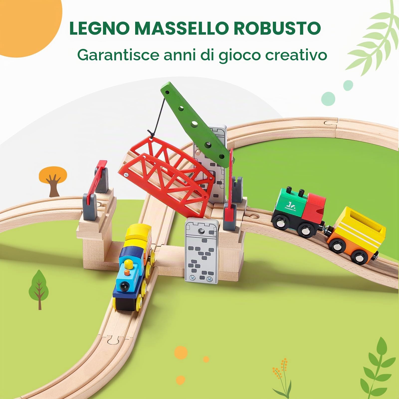 SainSmart Jr. Set di treni in legno, set di ponte di sollevamento mobile con binario per bambini, compatibile con Thomas, Brio, Chuggington, Melissa e Doug