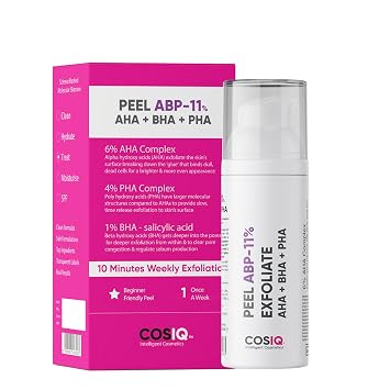 Cos-IQ ABP11% 6% AHA + 1% BHA + 4% PHA Peeling Solution Serum for Glowing Skin, Smooth Texture & Pore Cleansing | 11% AHA BHA PHA Peel For Beginners Friendly Exfoliation | 30ml
