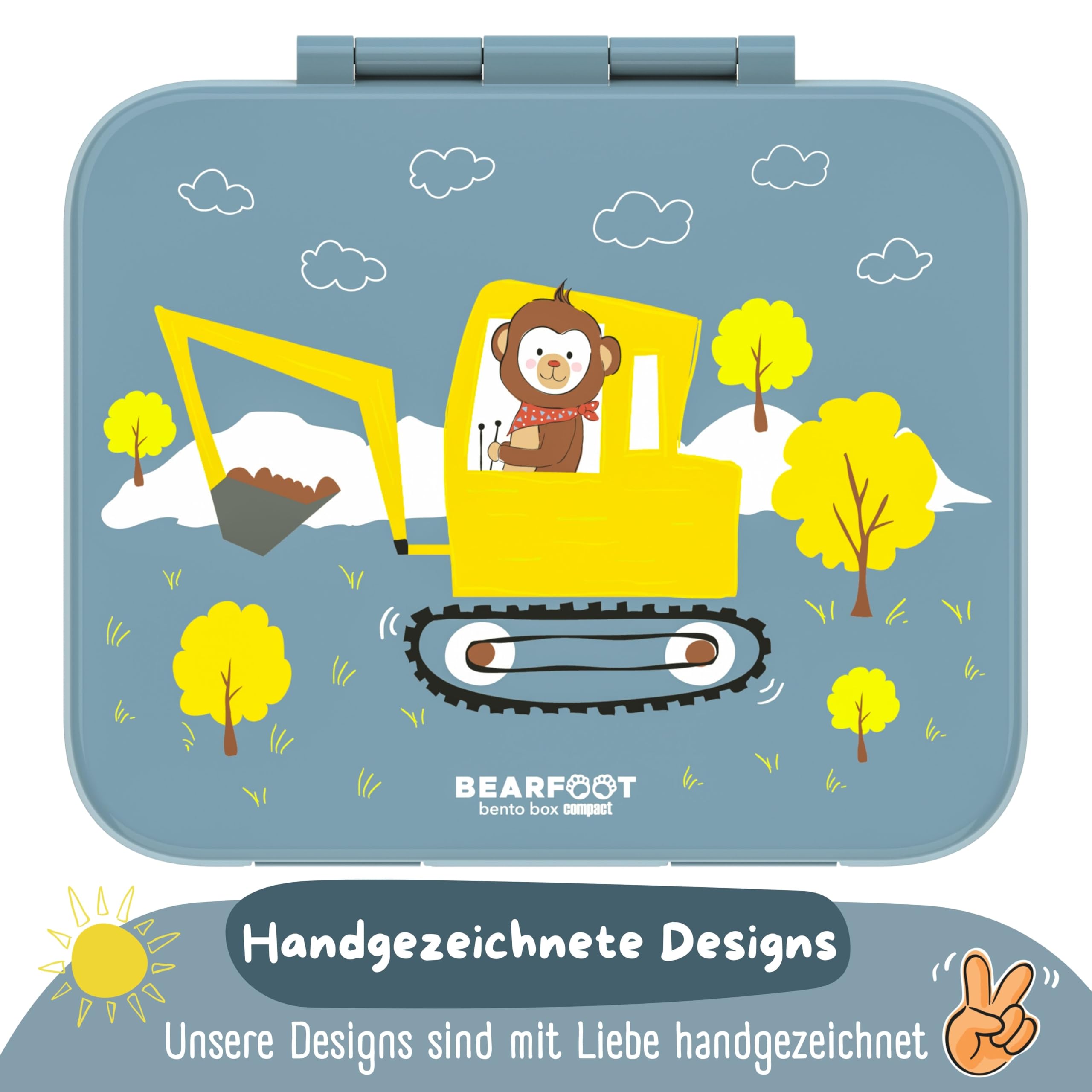 BEARFOOT Bento Box COMPACT pudełko śniadaniowe dla dzieci, bez BPA, do szkoły i przedszkola, szczelne pudełko na lunch dla dziewcząt i chłopców, praktyczne, lekkie i kompaktowe (koparka niebieska