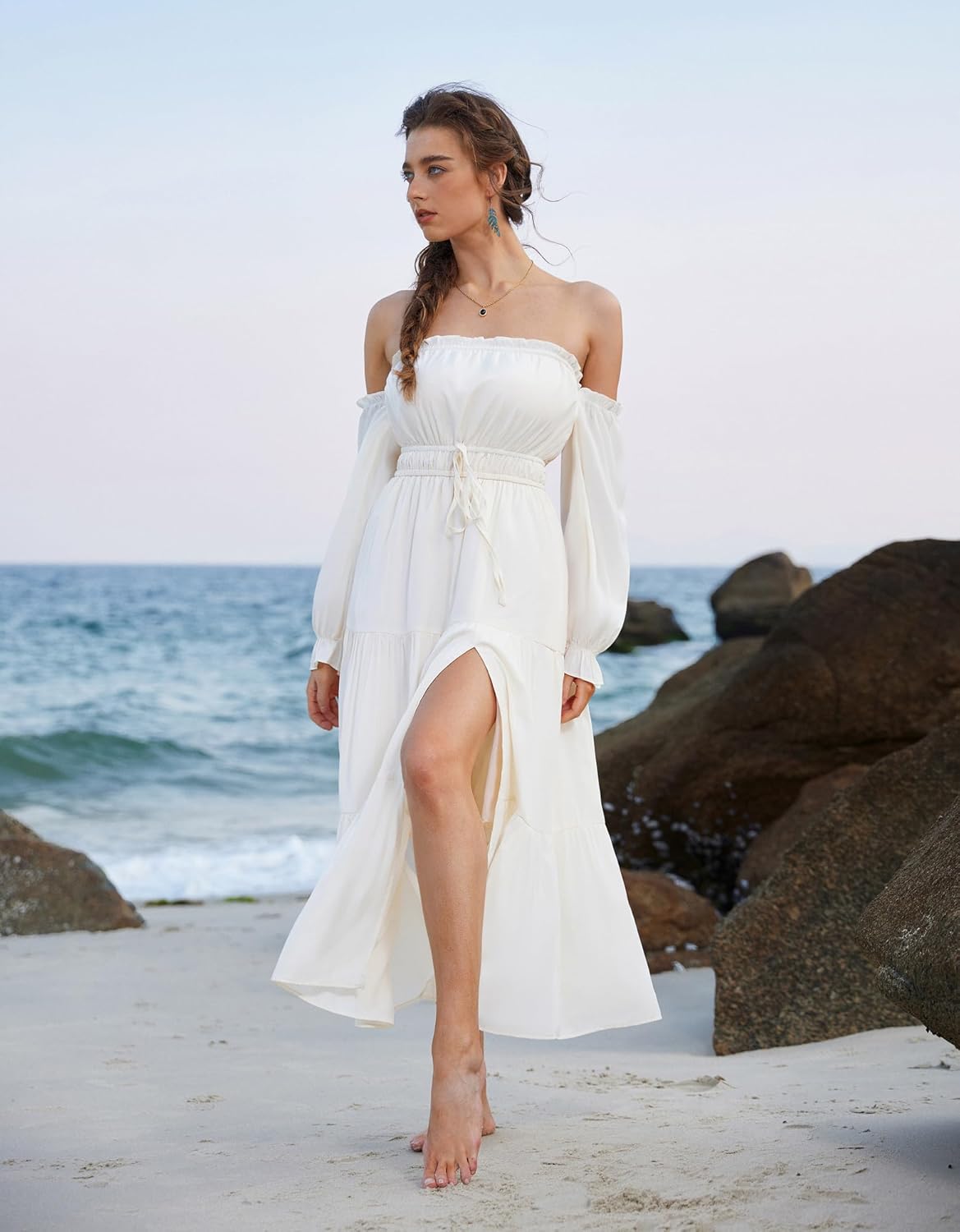 SCARLET DARKNESS Women's Boho Dress 2026 Summer Off The Shoulder Long Sleeve Renaissance Maxi Dresses with Split - Image 2