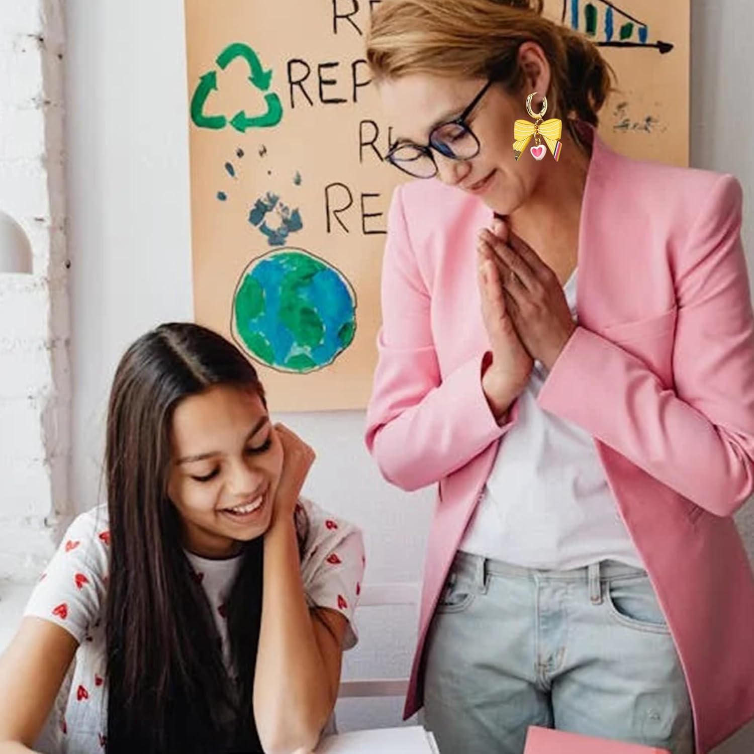 Teacher Earrings for Women Pencil Shaped Bow Hoop Earrings Pencil Heart Dangle Earring Trendy Bow Earrings First Day of school Earrings for Teacher - Image 4