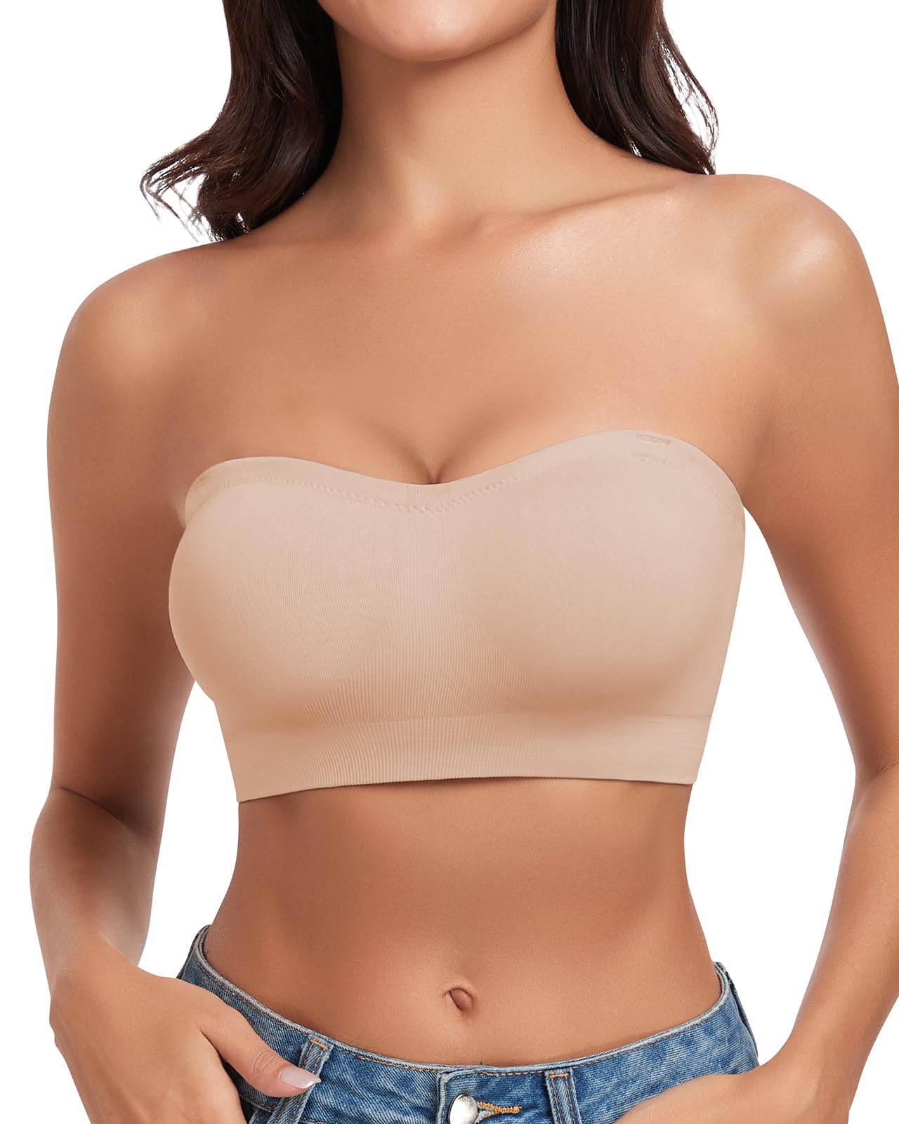 WOWENY Soutien-Gorge Bandeau sans Bretelles pour Femme sans Armatures - Bralette rembourrée sans Couture avec Bretelles Transparentes