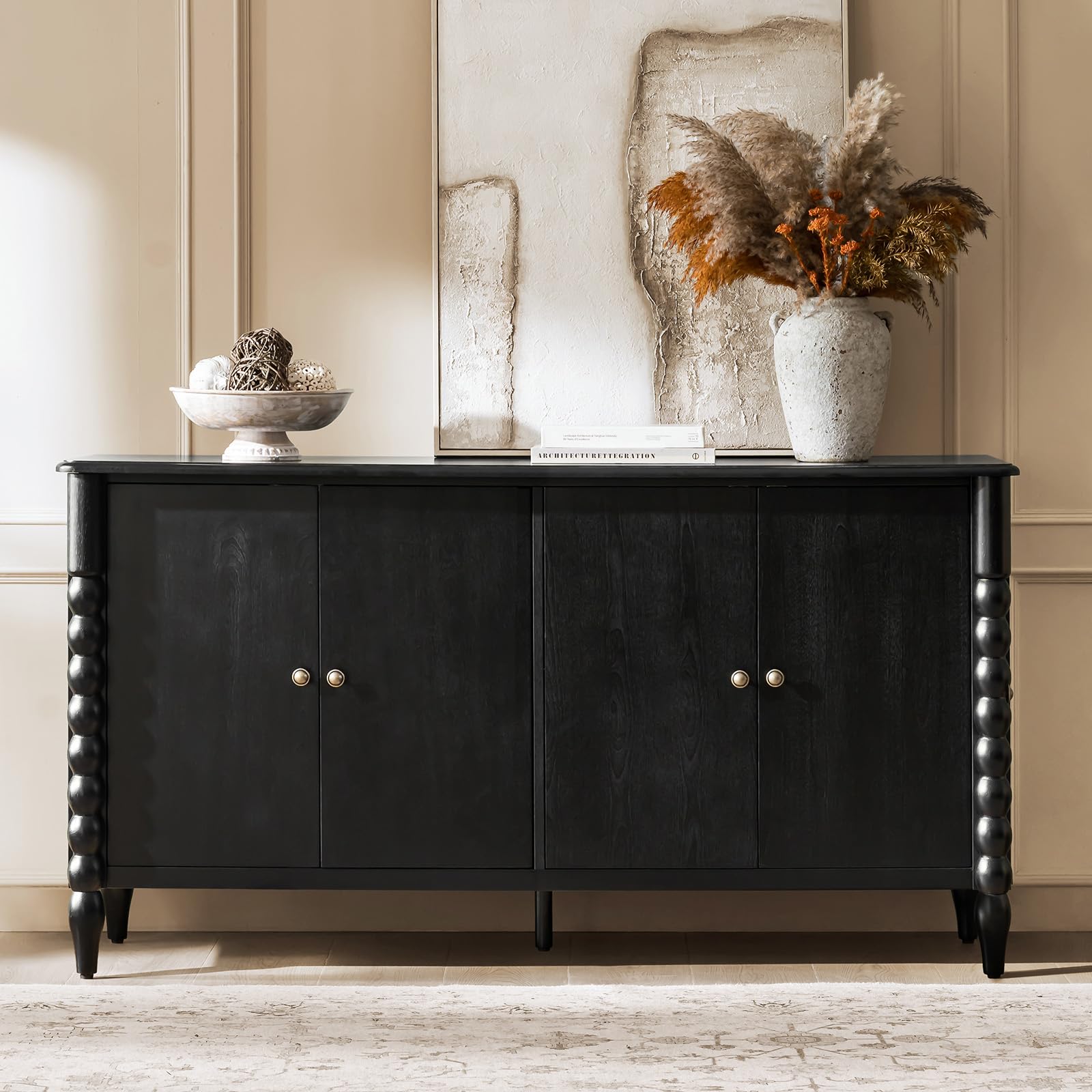 HULALA HOME Transitional Sideboard Cabinet with Spindle Design, 60" Storage Cabinet with 4 Doors, Adjustable Shelves, Solid Wood Legs for Living Room, Dining Room, Hallway, Black