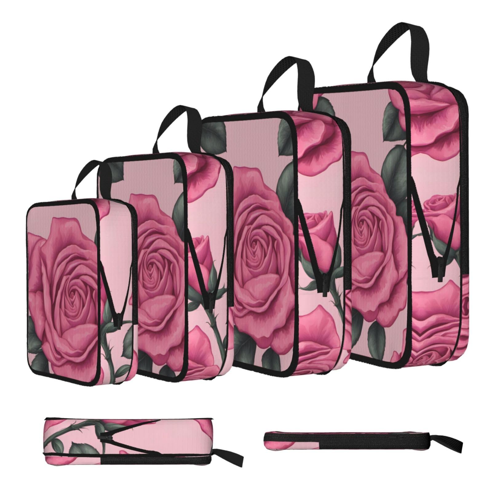 Sxzvvbn Black Bright Pink Roses Compression Packing Cubes 4 Piece Set