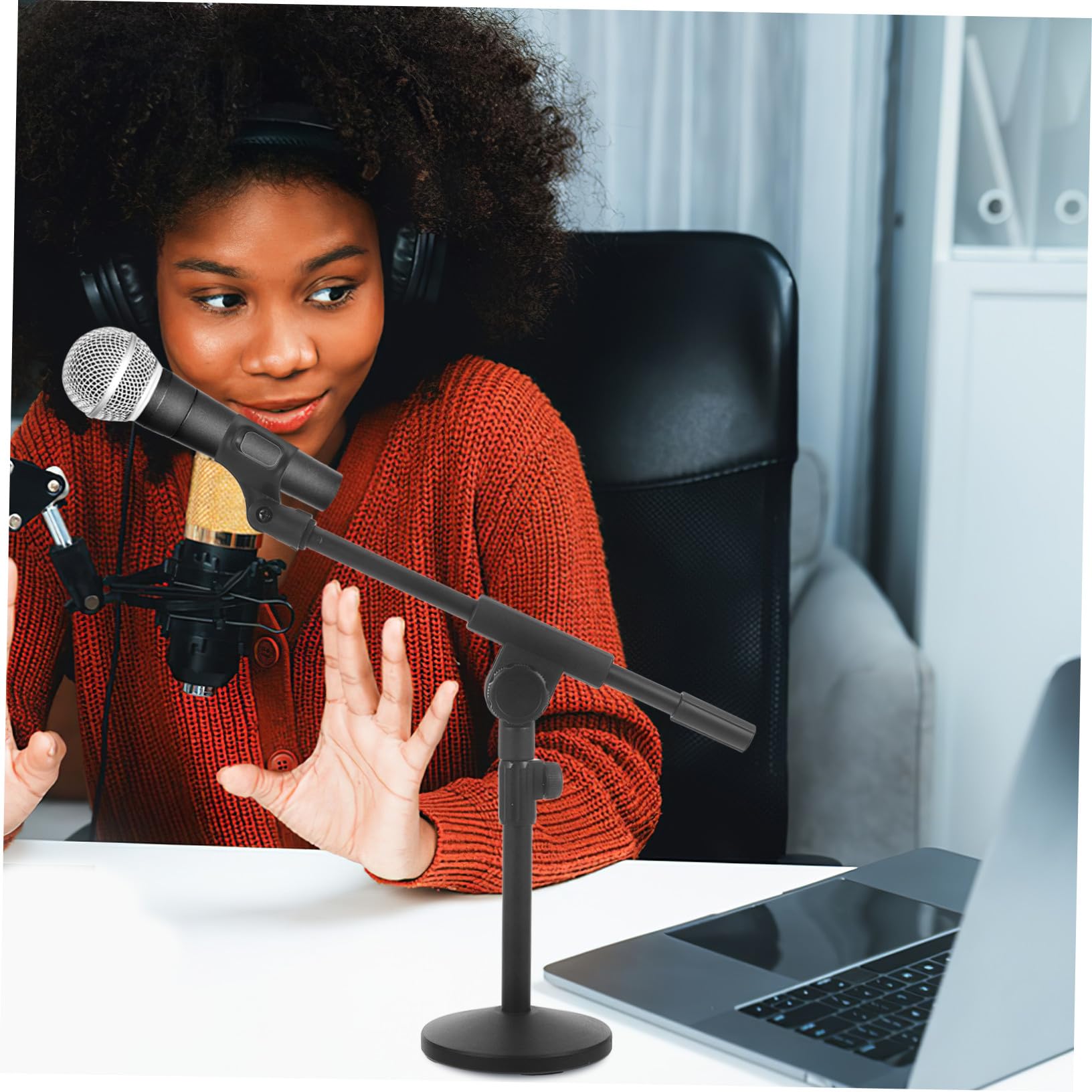 per Microfono da Tavolo con Base Tonda Pesante in Ferro Regolabile e Braccio Estensibile per Podcast e Streaming