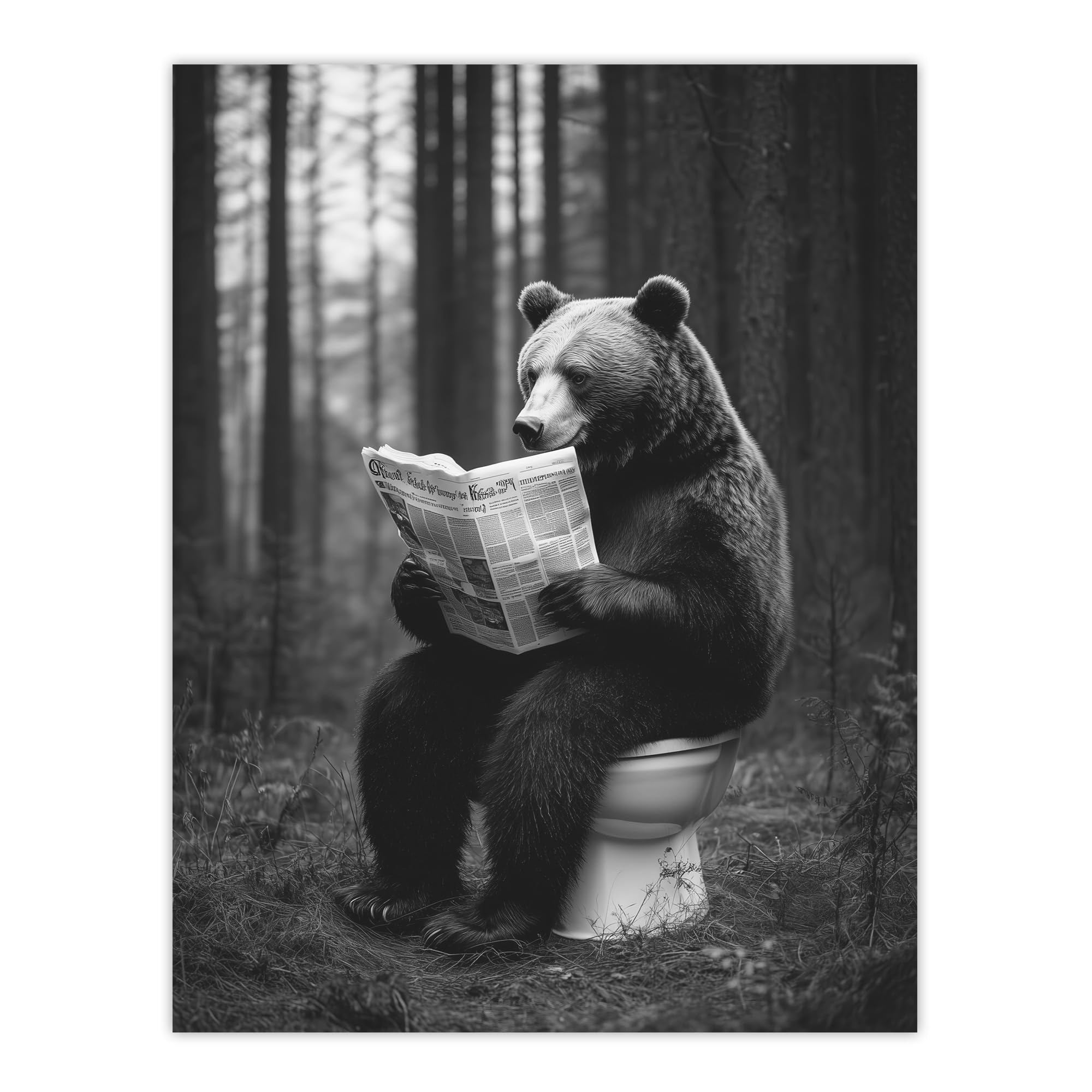Artery8 Grizzly Bear Toilet Newspaper Black White Forest Bathroom Toilet Large Wall Art Poster Print Thick Paper 18X24 Inch