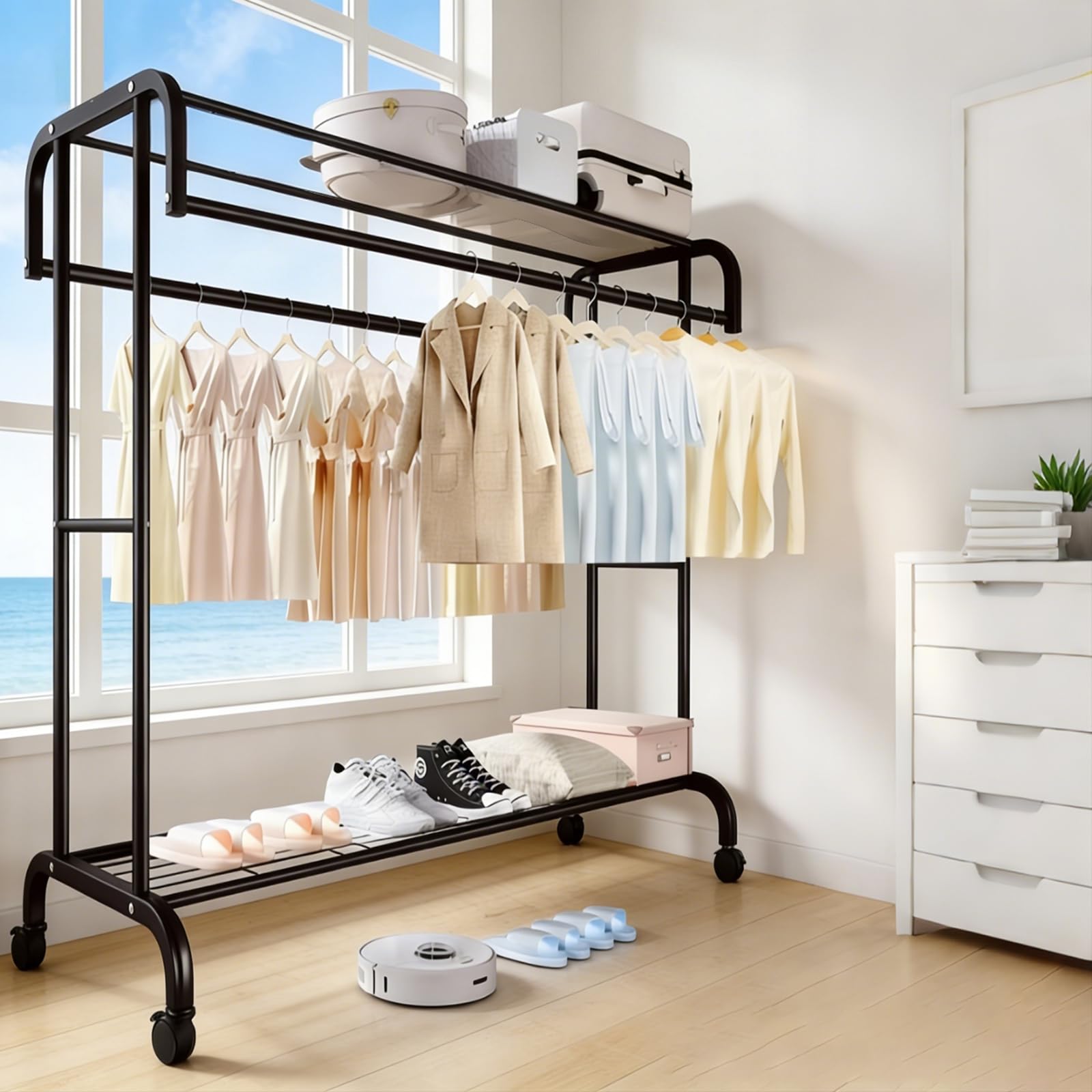 JeeLeeko Perchero para Ropa de Pie con Doble Barra, Rack para Ropa Metálico de 140 cm, Tendedero de Ropa, Armario Abierto con Ruedas Giratorias con Freno, Negro