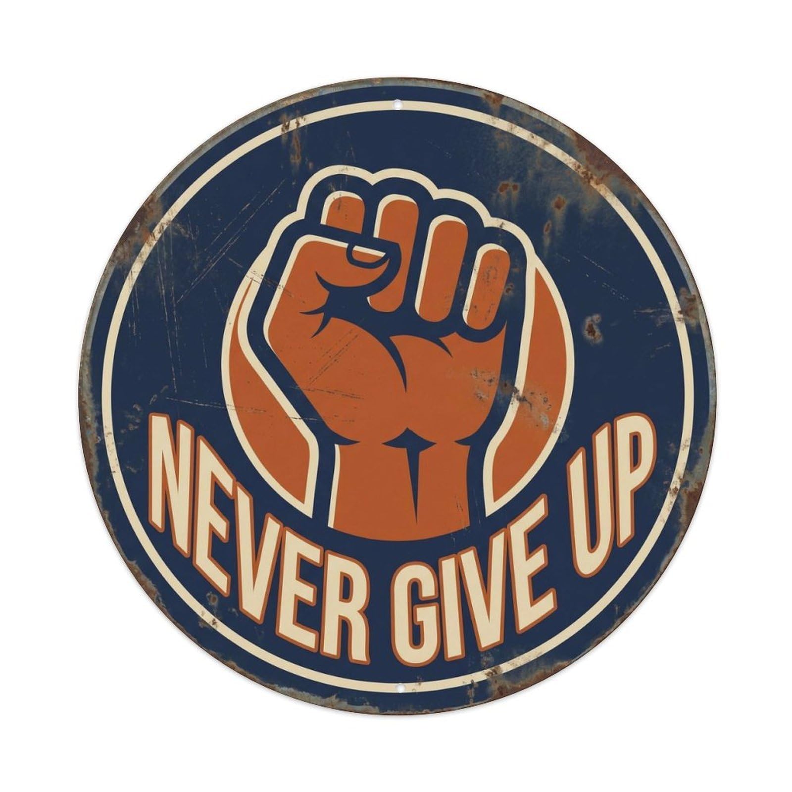 Never Give Up Motivation Quote Positive Motto Rustic Style Metal Tin Sign Plaque Wall Decor for Cafe, Man Cave, Club Bar, Office, Home Garden Round Metal Poster 8x8Inch