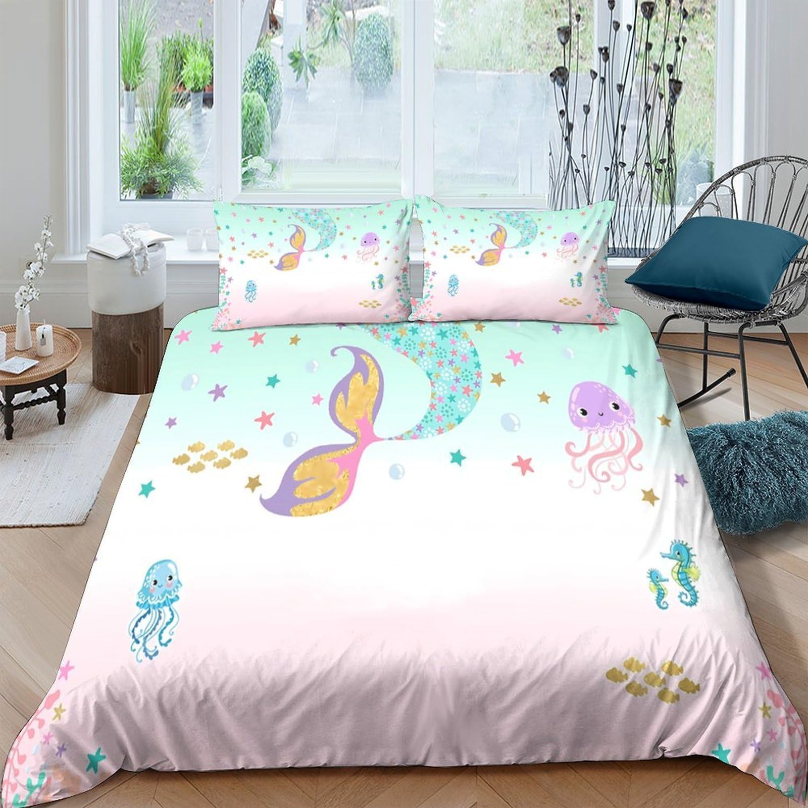 Ctjqhvkz Style-6 3D Printed Mermaid Tail Fitted Sheet Microfiber Soft Pastel Ocean Jellyfish Mattress Cover For Bedroom Dorm Decor Single（135X200cm）