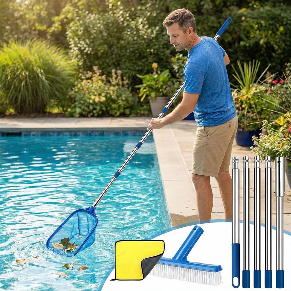 Pool Kescher mit Teleskopstange 220cm, Tiefenkescher Pool Mit Poolbürste, Poolkescher Feinmaschig, Laubkescher Pool, Pool Reinigungsset für Schwimmbad, Spas, Teiche, Whirlpools