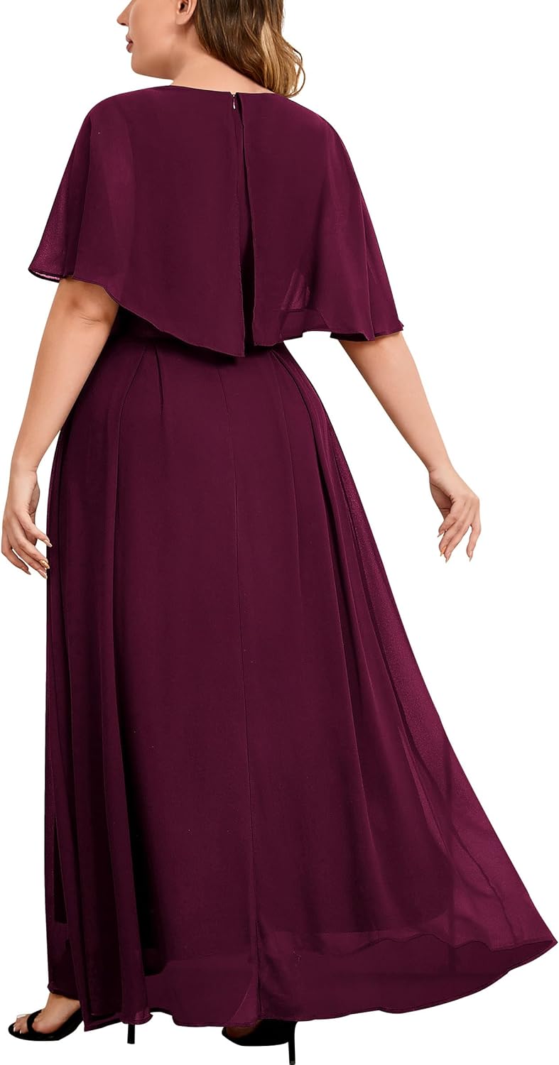 Knitee Women's Plus Size Half Sleeves Cape Dress Lace Chiffon V Neck Evening Party Maxi Dress - Image 2