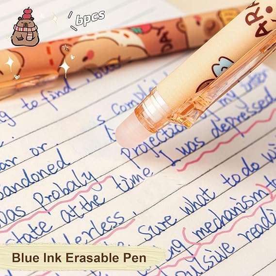 6Pcs Cute Erasable Gel Pens, 0.5mm Blue Ink Fine Point Pens, Retractable Quick Dry Smooth Writing Pens for Journaling, Drawing, Doodling, Note Taking(Capybara