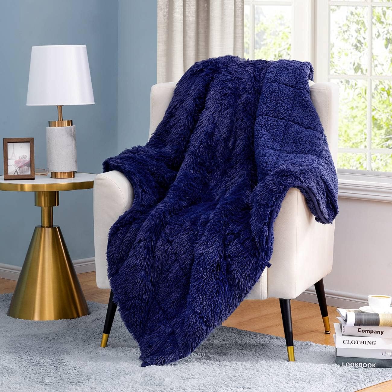 joybest Faux Fur Weighted Blanket Oeko-Tex Standard 100 Certified Sherpa Fleece 15 Pounds 48x72 Inches Full/Twin Size Heavy Weighted Blanket with Premium Glass Beads, Navy Blue