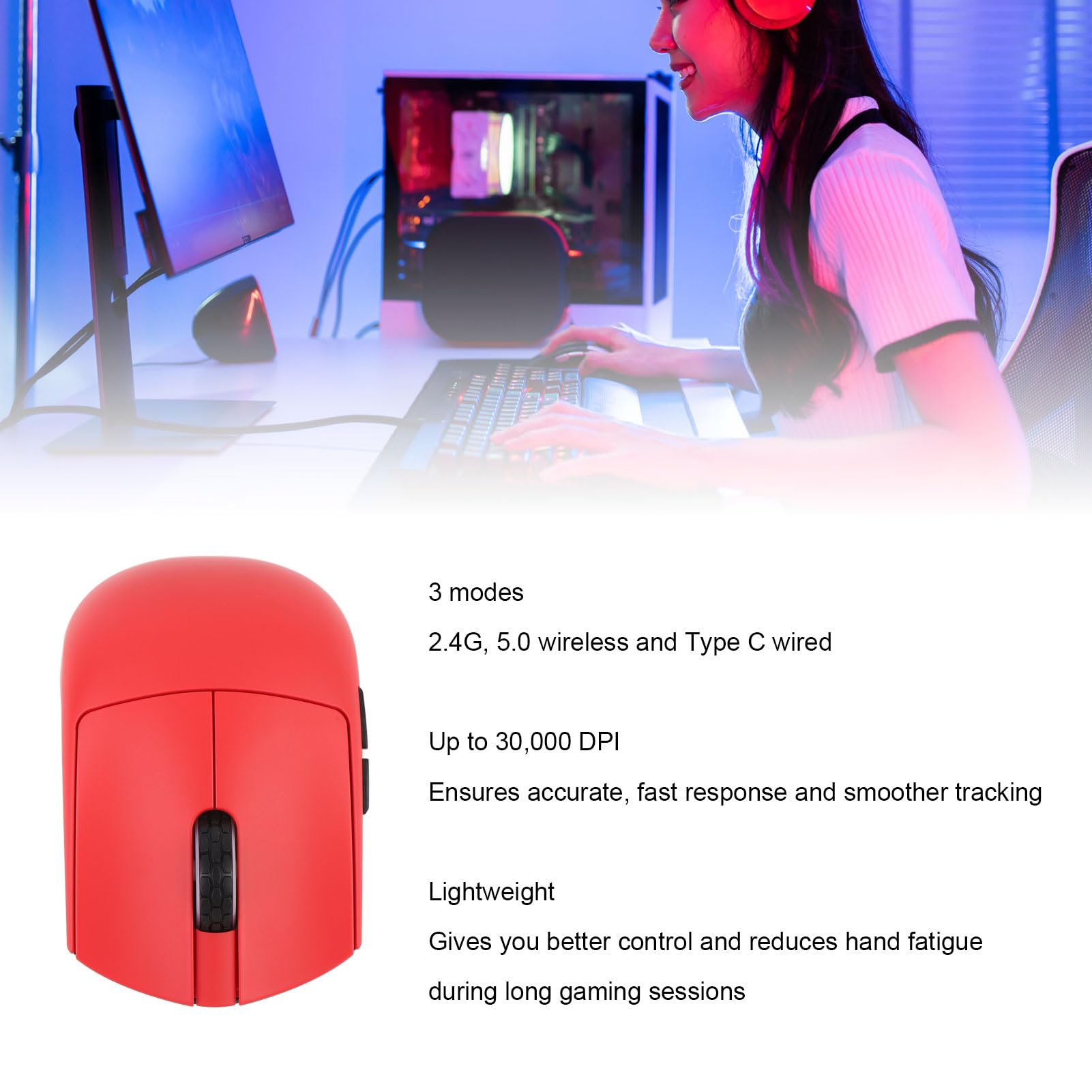 Bezprzewodowa Mysz do Gier, 30000 DPI, 3 Tryby, 2,4G, Bluetooth 5.0, Typ C, Przewodowa Mysz Komputerowa z 5 Programowalnymi Klawiszami do Laptopa