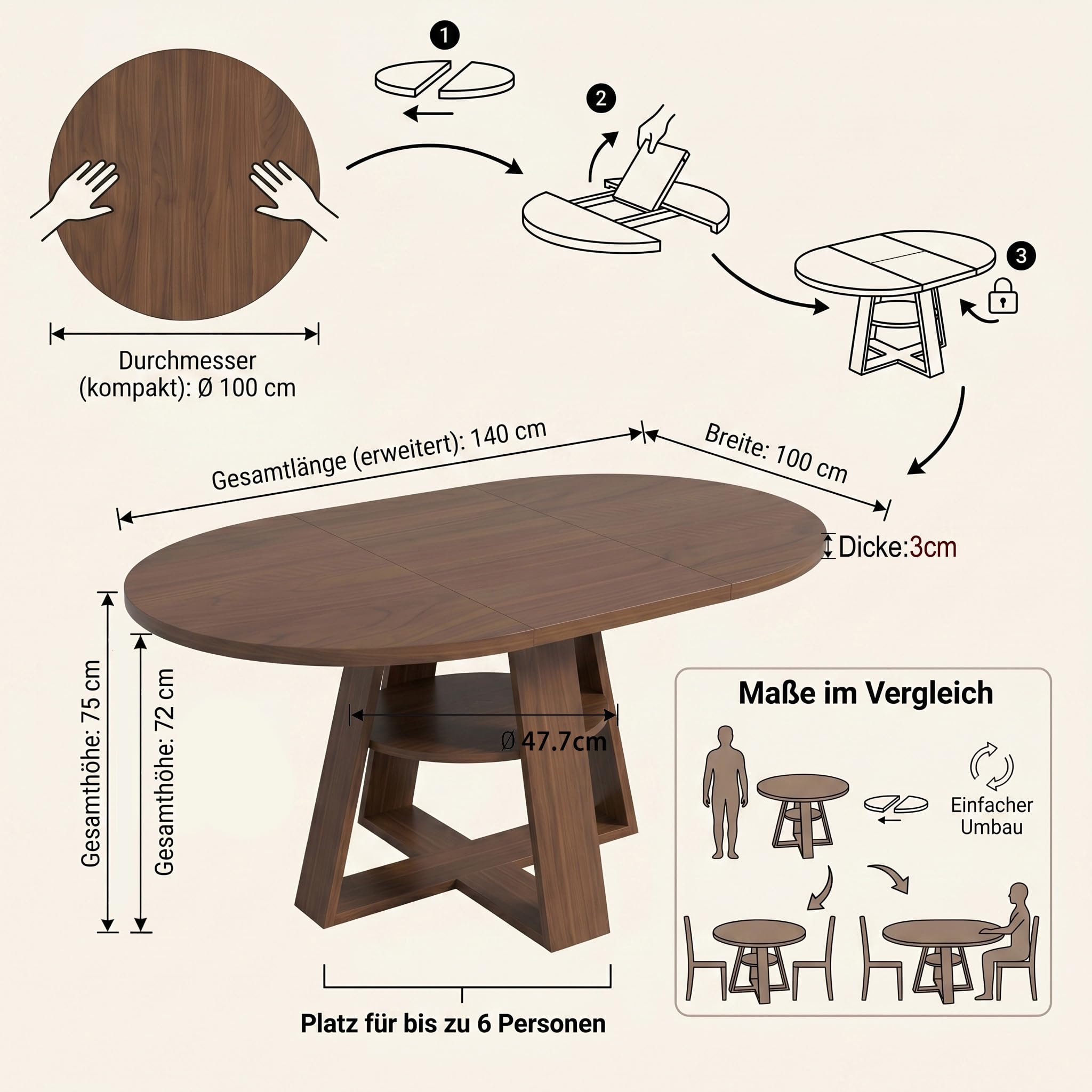 Esstisch Rund Ausziehbar, 100-140cm Moderner Küchentisch Holz, Esszimmertisch Oval für 4-6 Personen, Wohnzimmertisch mit Offenen Ablagen für Küche, Esszimmer und Wohnzimmer