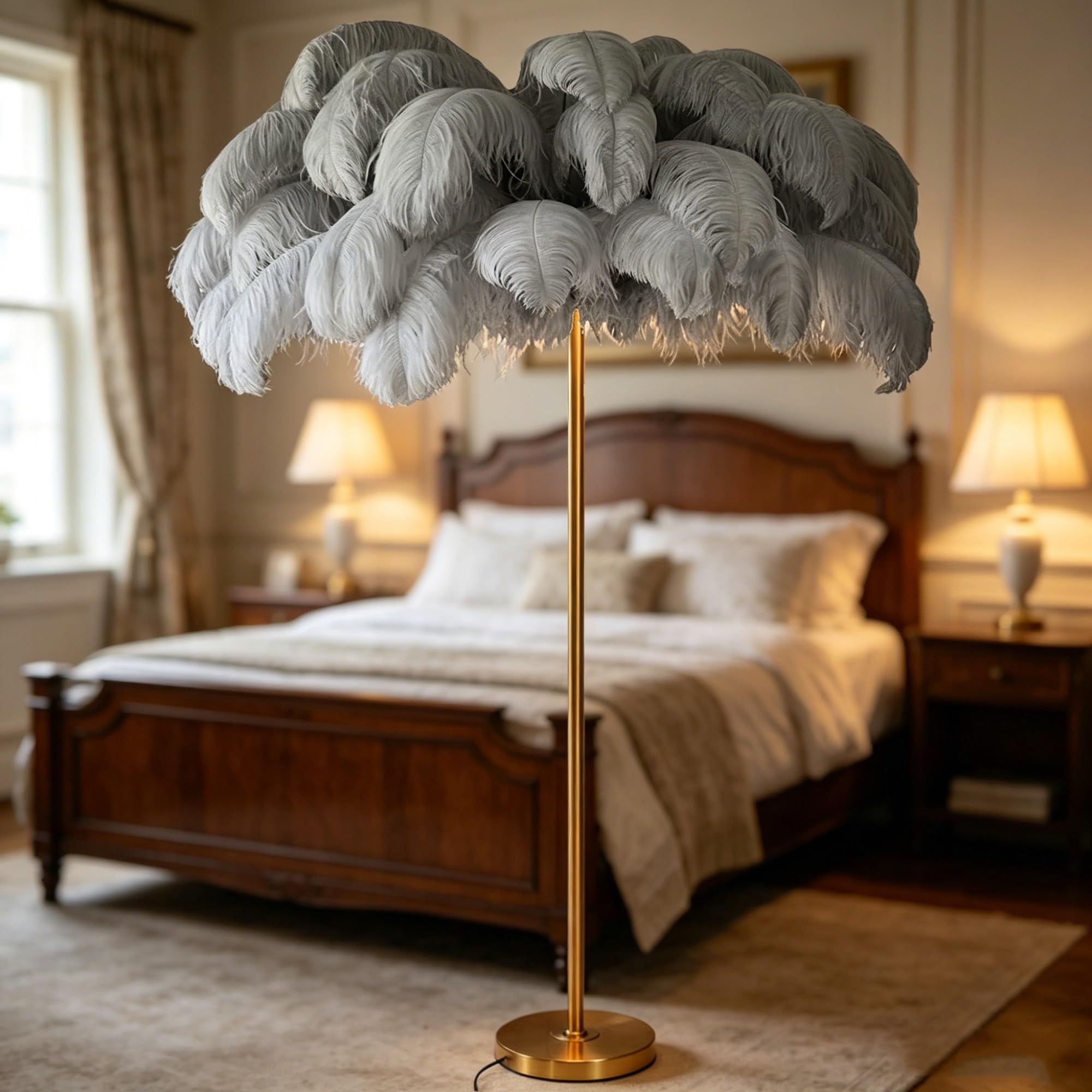 kumamart Home Ambient Ostrich Feather Floor Standing Lamp, Fluffy Shade Indoor Lighting for Bedroom Living Area with Black White Two Color Options(Grey)