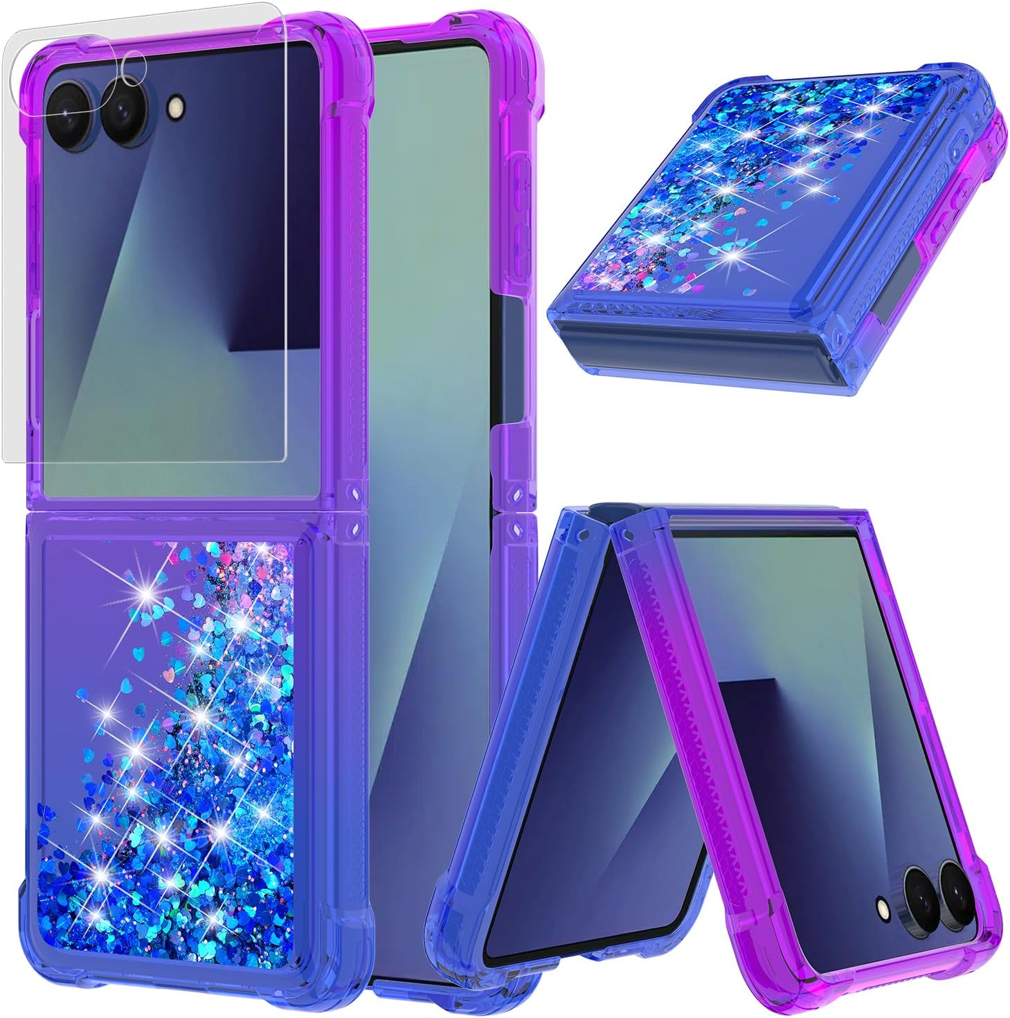 Boîtier compatible avec Samsung Galaxy Z Flip 7, 1 pièce Protecteur d&rsquo;écran en verre trempé, couverture de boîtier TPU à paillettes à paillettes à paillettes liquides