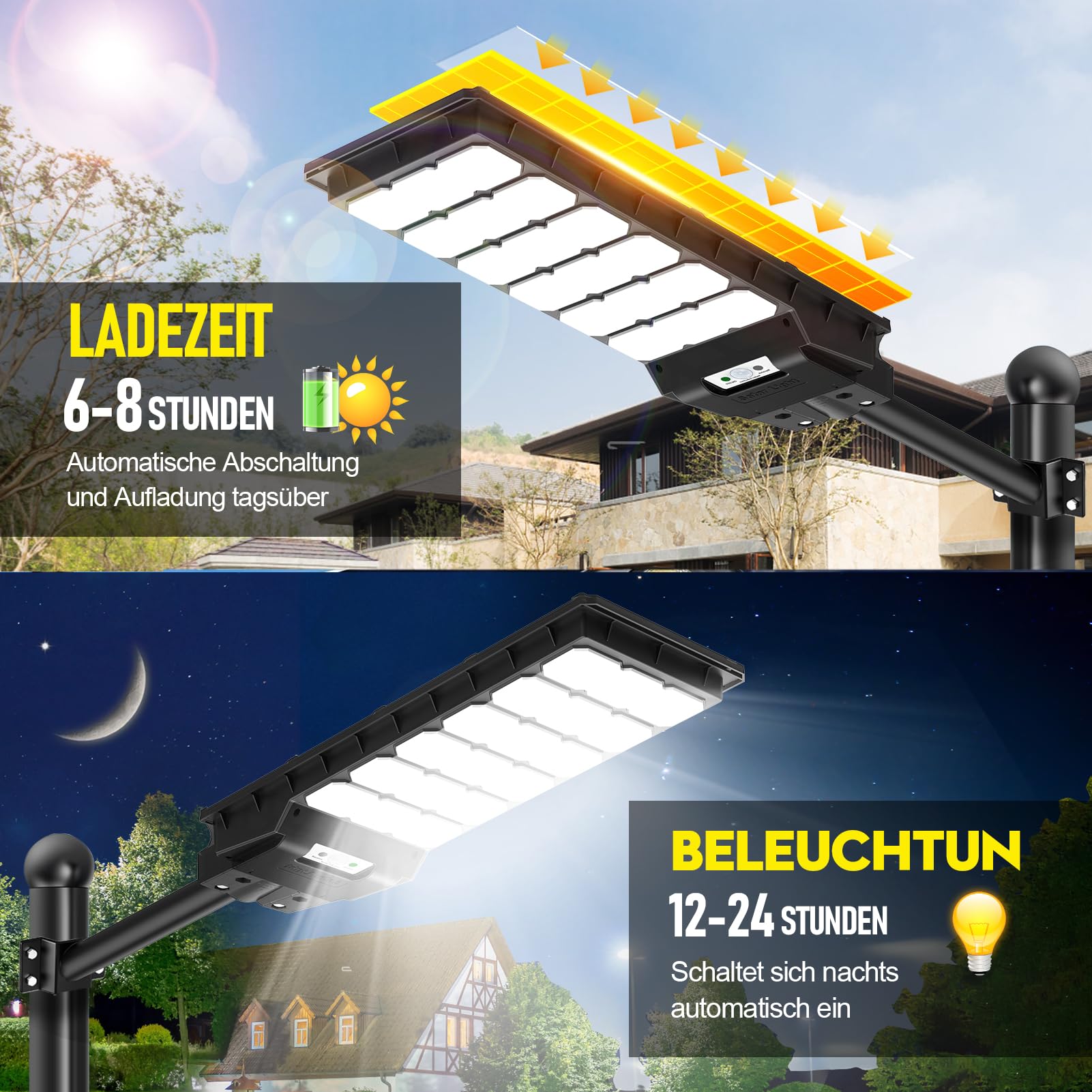 Zewnętrzna lampa uliczna solarna 600 W z czujnikiem ruchu i zdalnym sterowaniem, 576 diod LED 6500K, IP65, wodoodporny, 3 inteligentne tryby