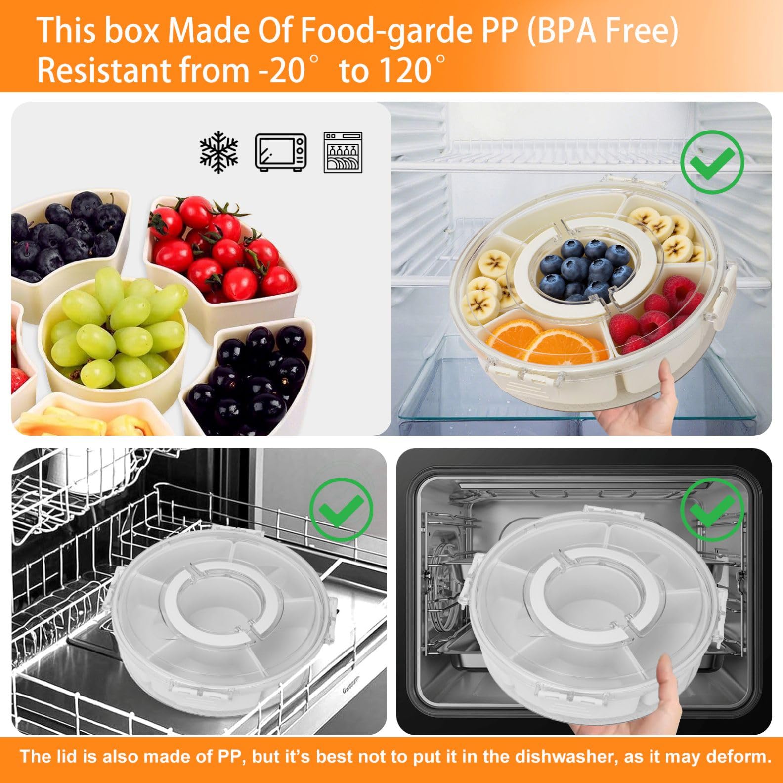 Snackbox mit Fächern, PP-Material Rund Spinner Snackbox Kinder mit 6 Fächern, Herausnehmbare Snackteller mit Deckel und Griff, Picknick Box für SüßIgkeiten Obst Gemüse -Round