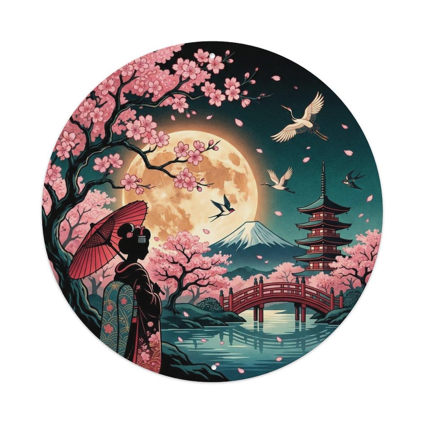 Cherry Blossom Moonlight Traditional Asian Wall Decor Metal Tin Sign