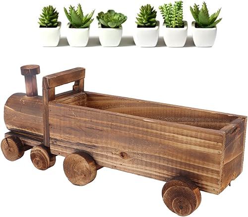 Miniatura 4 de Sempoda Maceta creativa de madera para plantas suculentas, maceta con forma de tren de dibujos animados, bonsái, bonito adorno rústico para