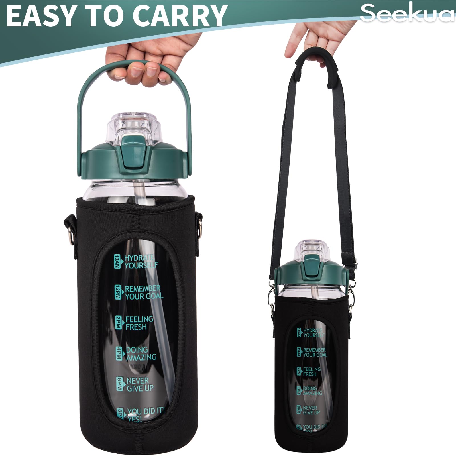 2 litros Botella Agua Vidrio Deportiva de con Pajita y Marca de Tiempo Motivacionales, 2l Grande Botella Agua Cristal a Prueba de Fugas para Gimnasio