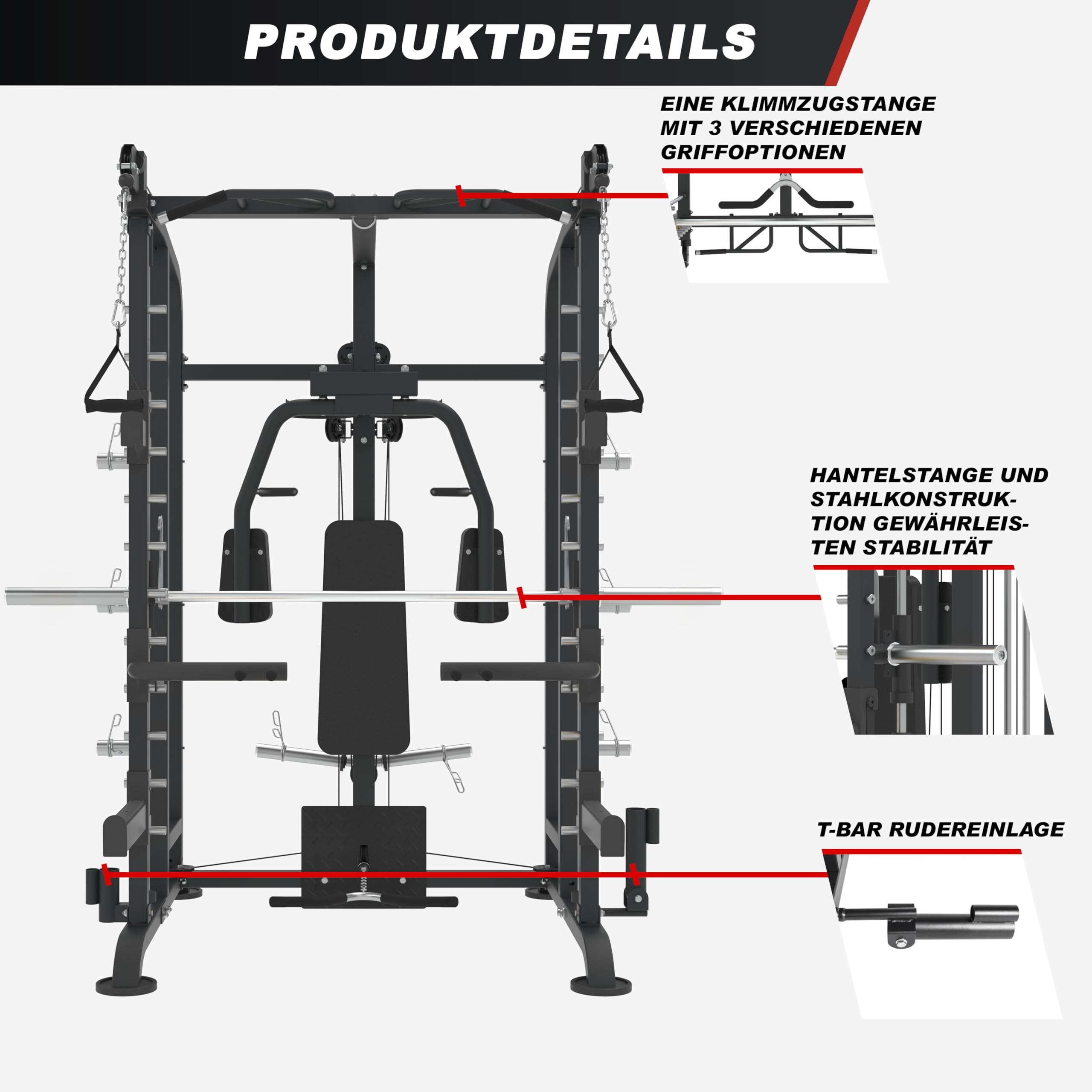 GORILLA SPORTS® Kraftstation - Multifunktionale, Power Rack mit 50mm Stange, Butterfly, Latzug mit Kabelzuggriffen, Klimmzug, Dip Griffe, T-Bar, bis 300 kg - Fitnessstation, Smith Machine, Multi-Gym