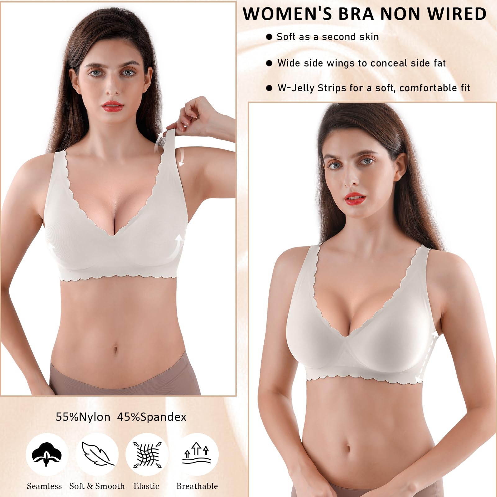 Reggiseni da donna senza cuciture senza ferretto morbidi reggiseni push up reggiseno imbottito senza fili maglietta bralette per dormire supporto confortevole copertura completa, bianco, XL