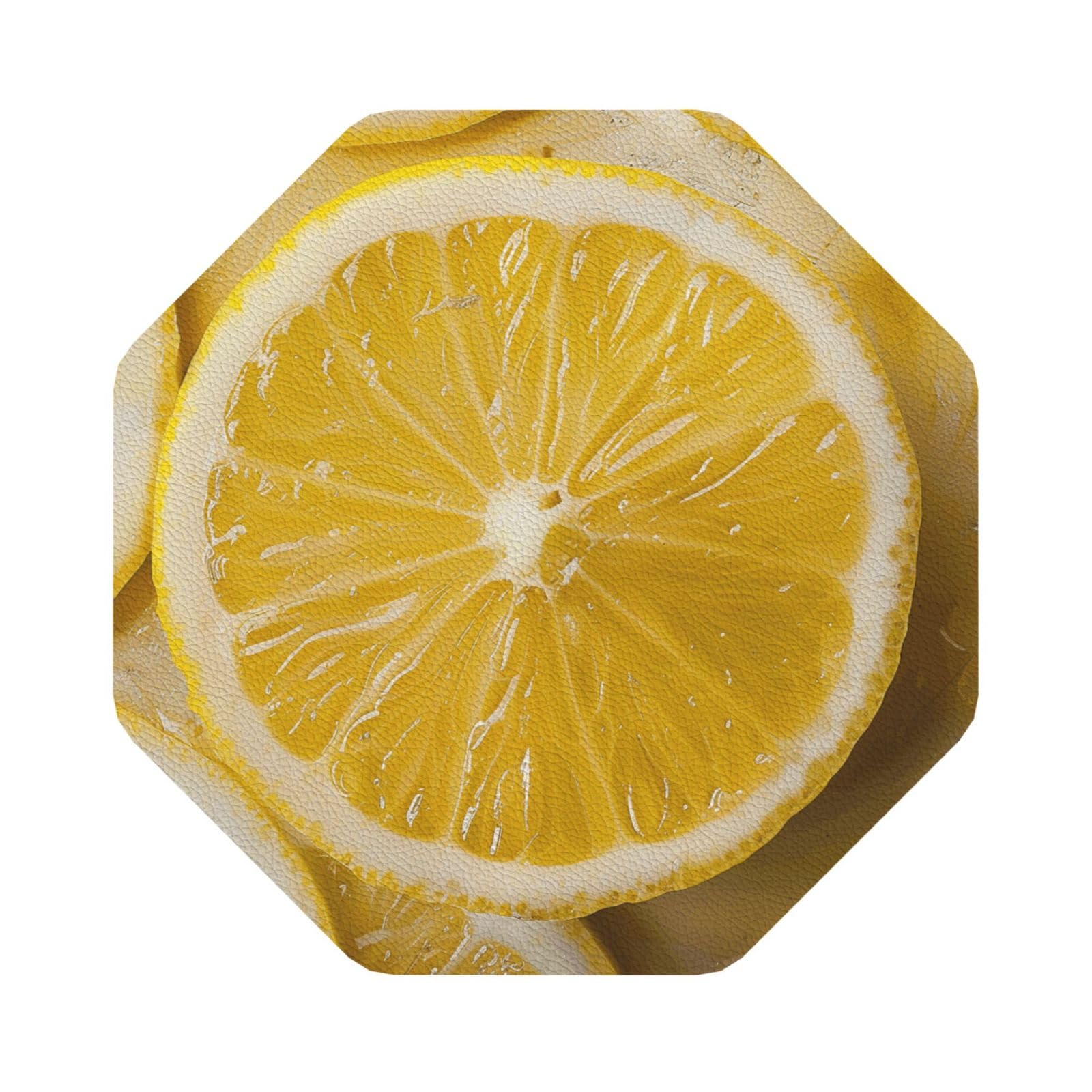 Yellow Lemon Print Leather Coaster Set of 6, Octagon Coasters Table Decorative Coffee Cup Beverage Coasters Wine Beer Bar Coasters for Hot Drinks Table Protection
