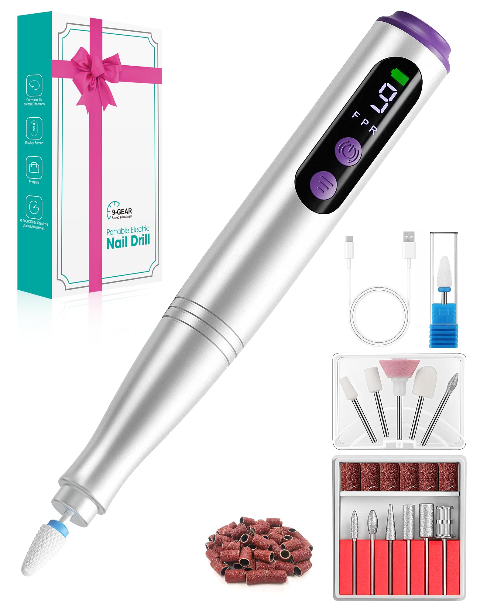 Fofile Fresa per Unghie Professionale 20000 Giri/min, Lima per Unghie Elettrica 12 in 1 con Display LCD, 9 Velocità Regolabili, Micromotore Unghie Ricaricabile per Manicure e Pedicure (Argento)