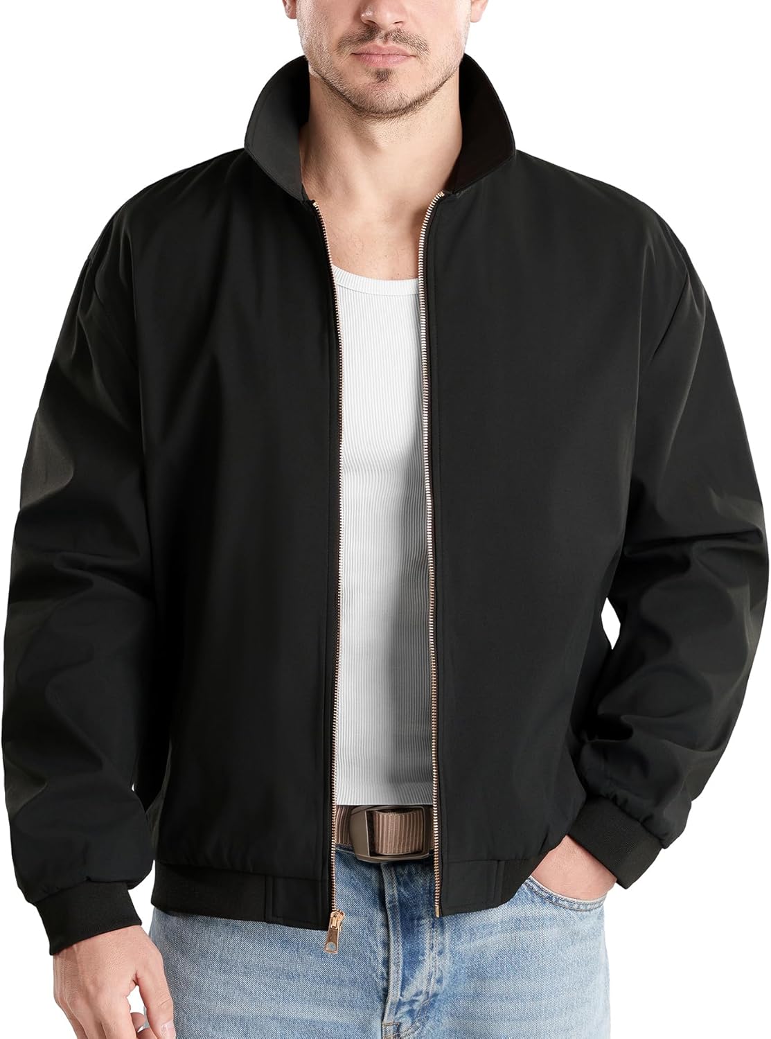 Men‘s Lightweight Windbreaker,Water Resistant Full Zip Up Jacket with Ribbed Cuffs & Hem for Casual,Golf,Office