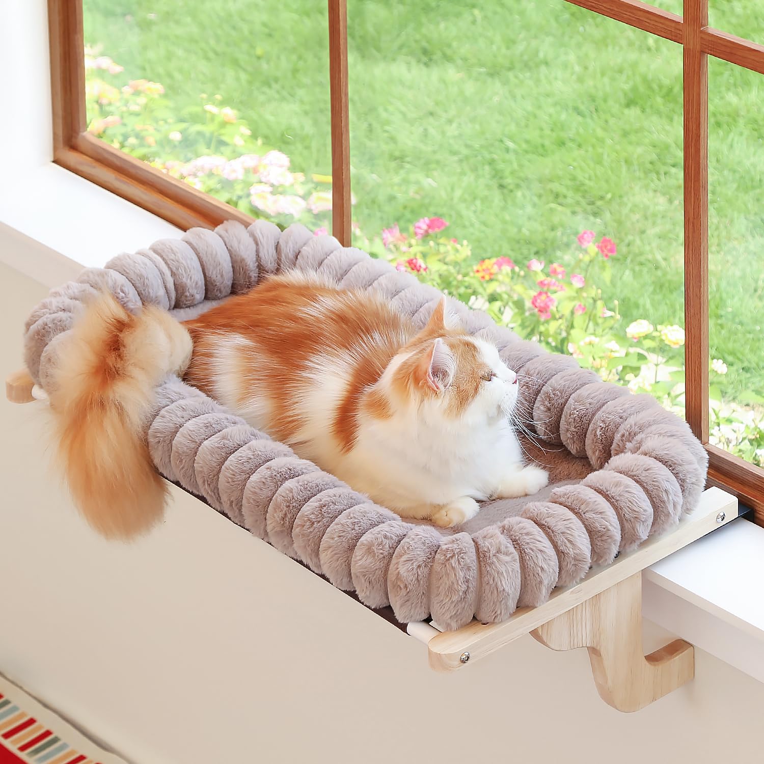 Photo 1 of Zakkart SnugCloud Cat Window Perch with 4-Sided Bolster - Orthopedic Cat Hammock for Window Sill - Solid Hardwood & Metal Frame - Window Seat for Pets (Natural Color Wood w/Brown Bed, Medium)