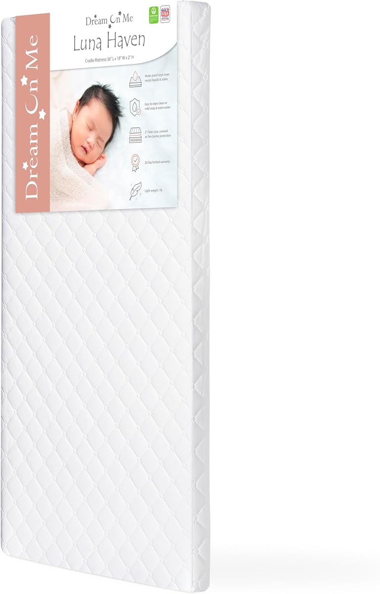 Luna Haven 2" Cradle Mattress – Lightweight Firm Polyester Fiber Core, Waterproof & Easy-Clean, Stain & Odor Resistant, Greenguard Gold and BSA Certified (36" L x 18" W x 2" H)