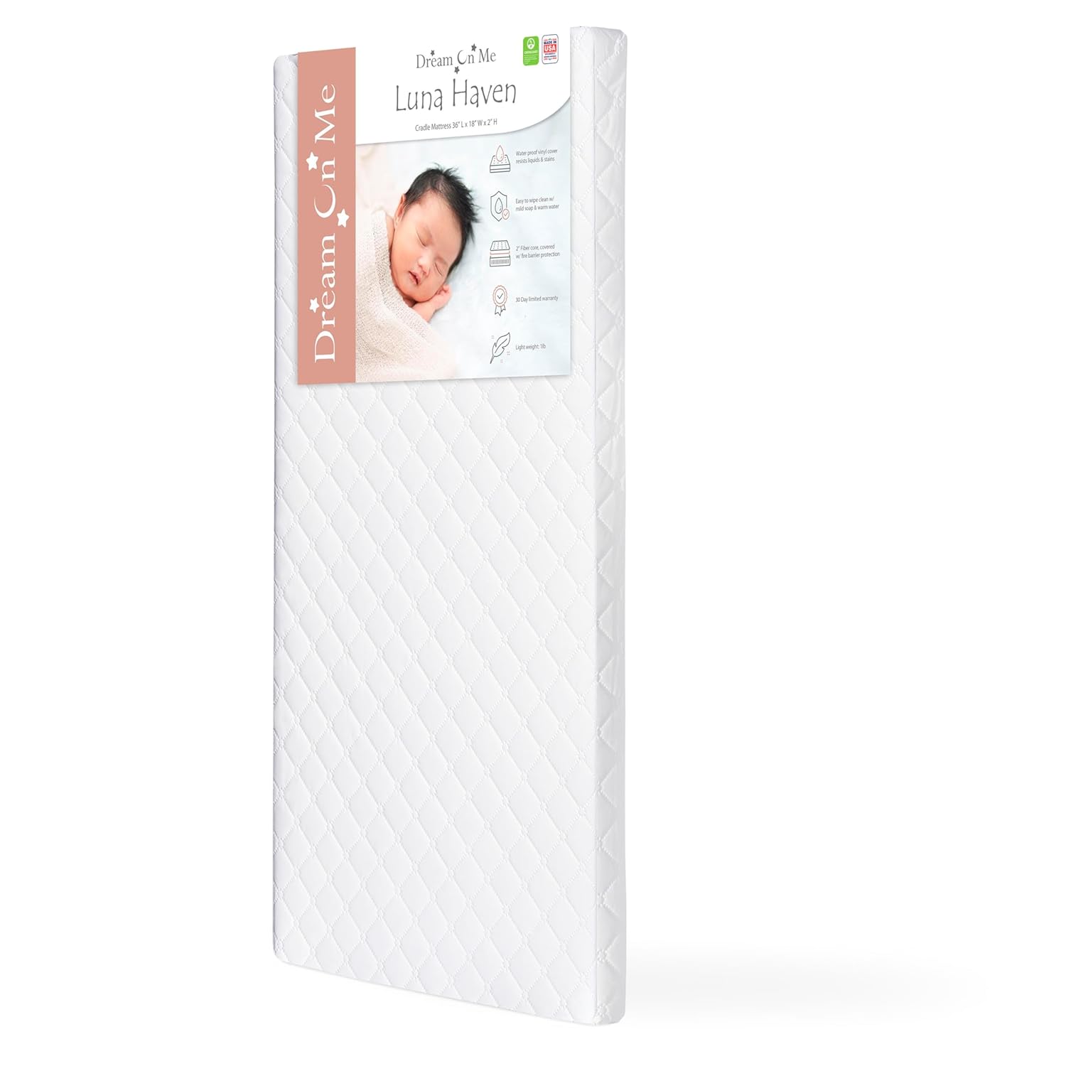Dream On Me Luna Haven 2" Cradle Mattress - Waterproof, Greenguard Gold Certified, USA-Made Firm Fiber Core for Infant Safety
