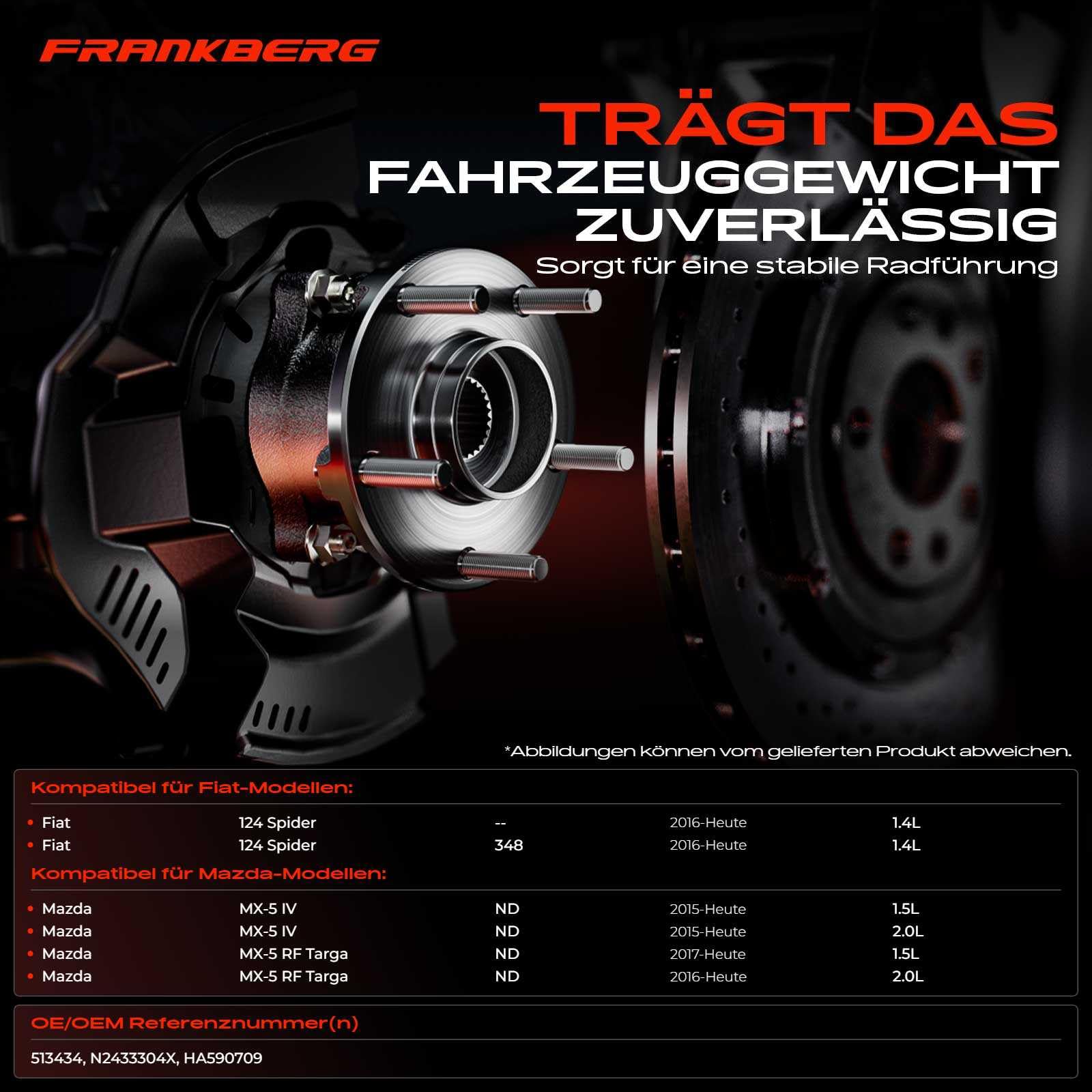 Frankberg Kit cuscinetti ruota mozzo ruota con sensore ABS integrato | con sensore Sensore di velocità ABS Sensore di velocità ABS integrato, 513434, N2433304X; Compatibile con: 124 Spider