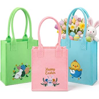 Xuniea Pack of 3 Easter Felt Bags with Embroidery Easter Nests for Filling Easter Gift Bags Easter Bags with Handle 22 x 18 x 6 cm Gift Packaging Decorating for Egg Hunt Flowers Party Accessories