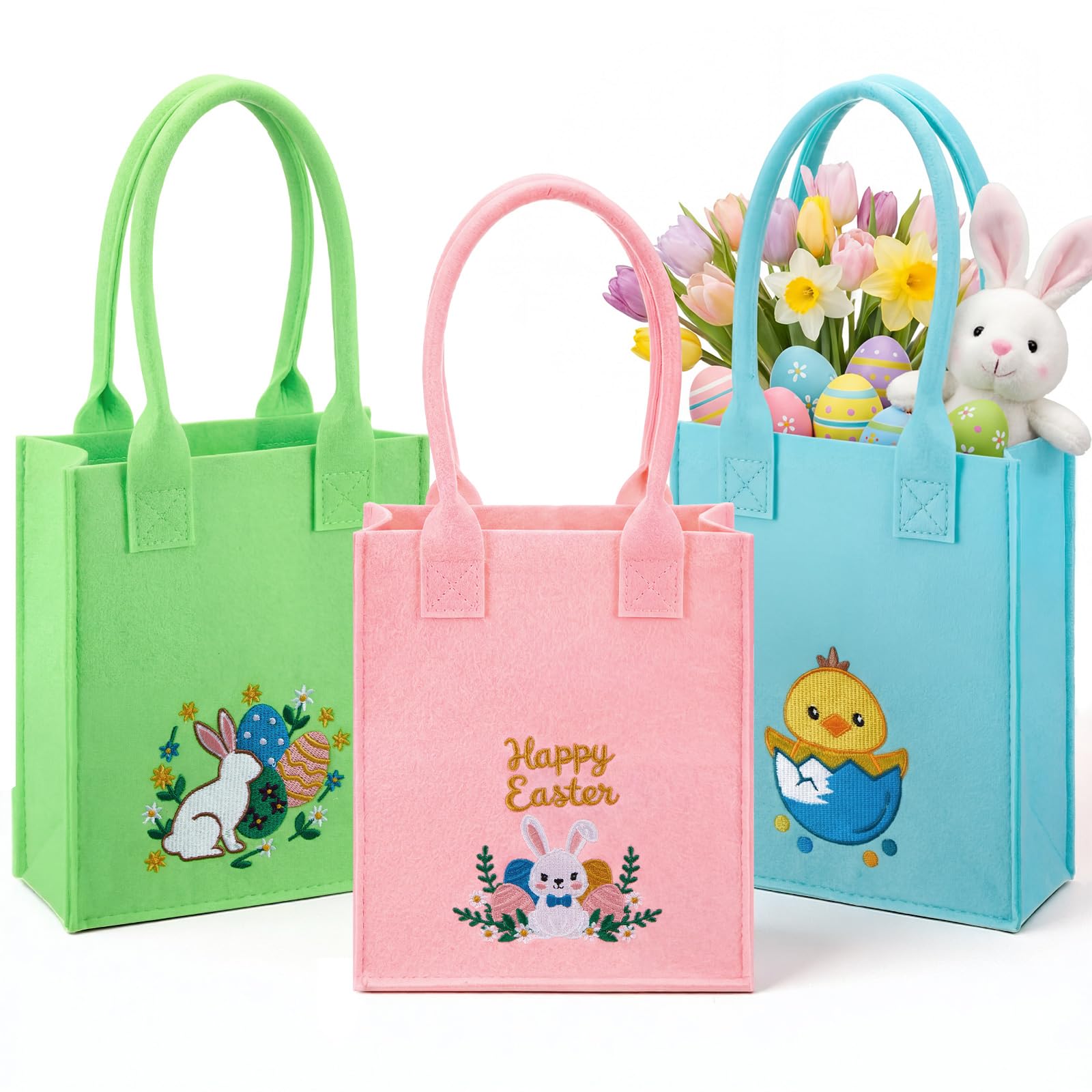 Xuniea 3 Stück Ostern Filztaschen mit Stickerei Osternester zum Befüllen Ostern Geschenktaschen Ostertüten mit Henkel 22 x 18 x 6 cm Geschenkverpackung Dekorieren für Eiersuche Blumen Partyzubehör