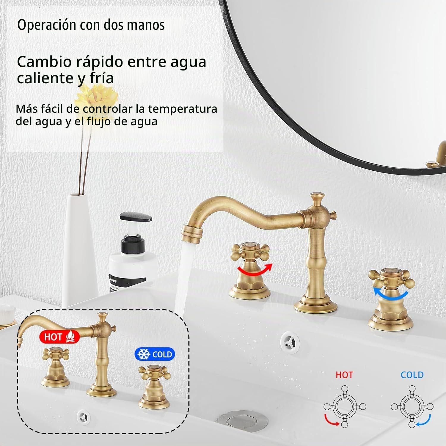 Grifo de lavabo de baño de 3 agujeros, de montaje en cubierta, grifo mezclador de lavabo antiguo de doble asa, grifo de bañera de 8 pulgadas con 2 asas, grifo de bañera de latón antiguo